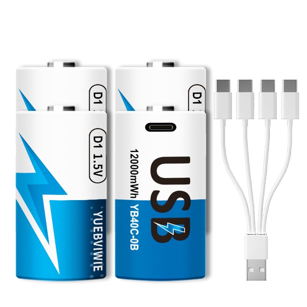 Rechargeable Lithium D Batteries with 4 in 1 USB-C 4 D 12000mWh