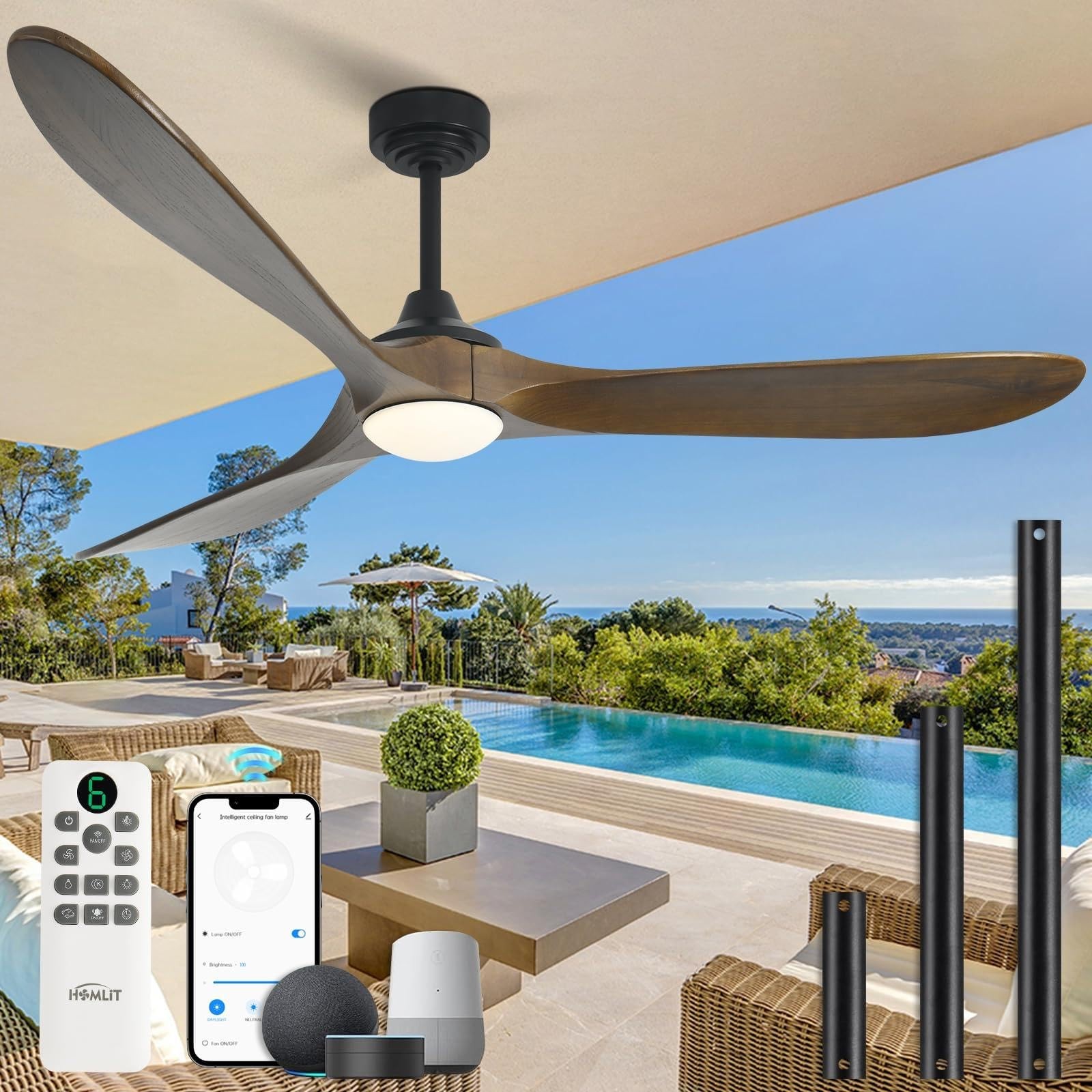 Ceiling Fan with Lights, 72'' Solid Wood Indoor/Outdoor Ceiling Fan with Quie...