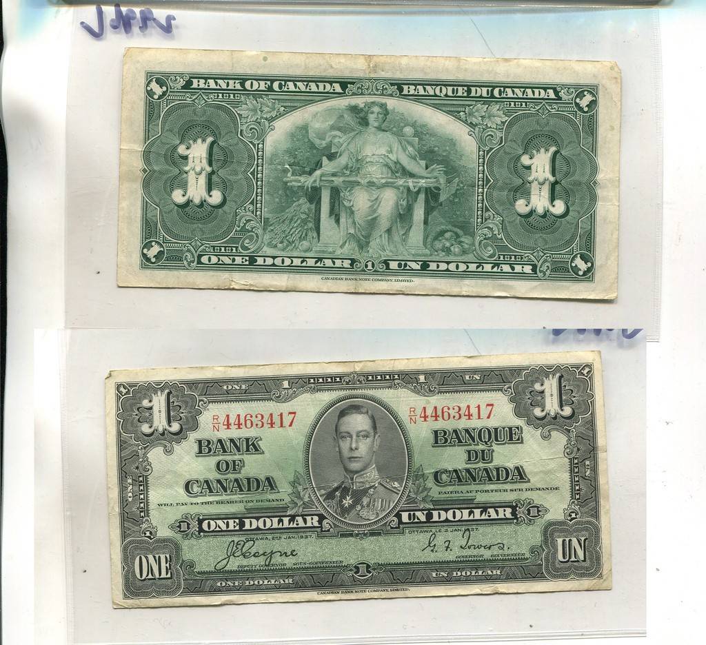 1937 $1 BANK OF CANADA CURRENCY NOTE FINE 2996L