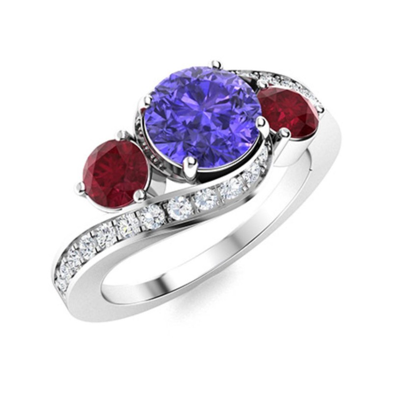 925 Sterling Silver 5MM Round Tanzanite & Ruby Three Stone Women Engagement Ring