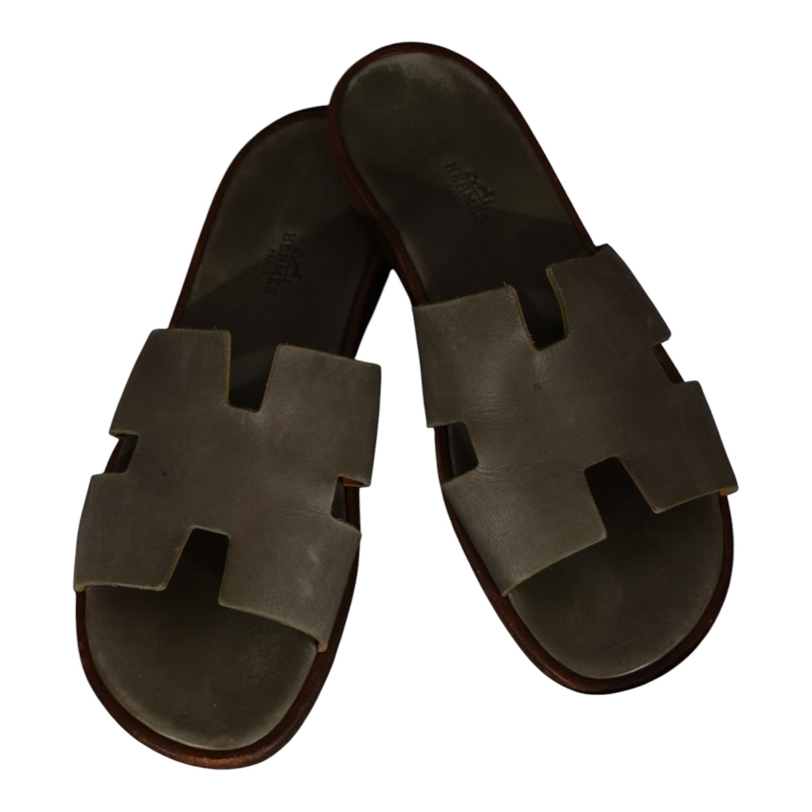 Hermes Izmir Sandals Gray Calfskin Leather Men H Design Flats Slip On EU Size 43