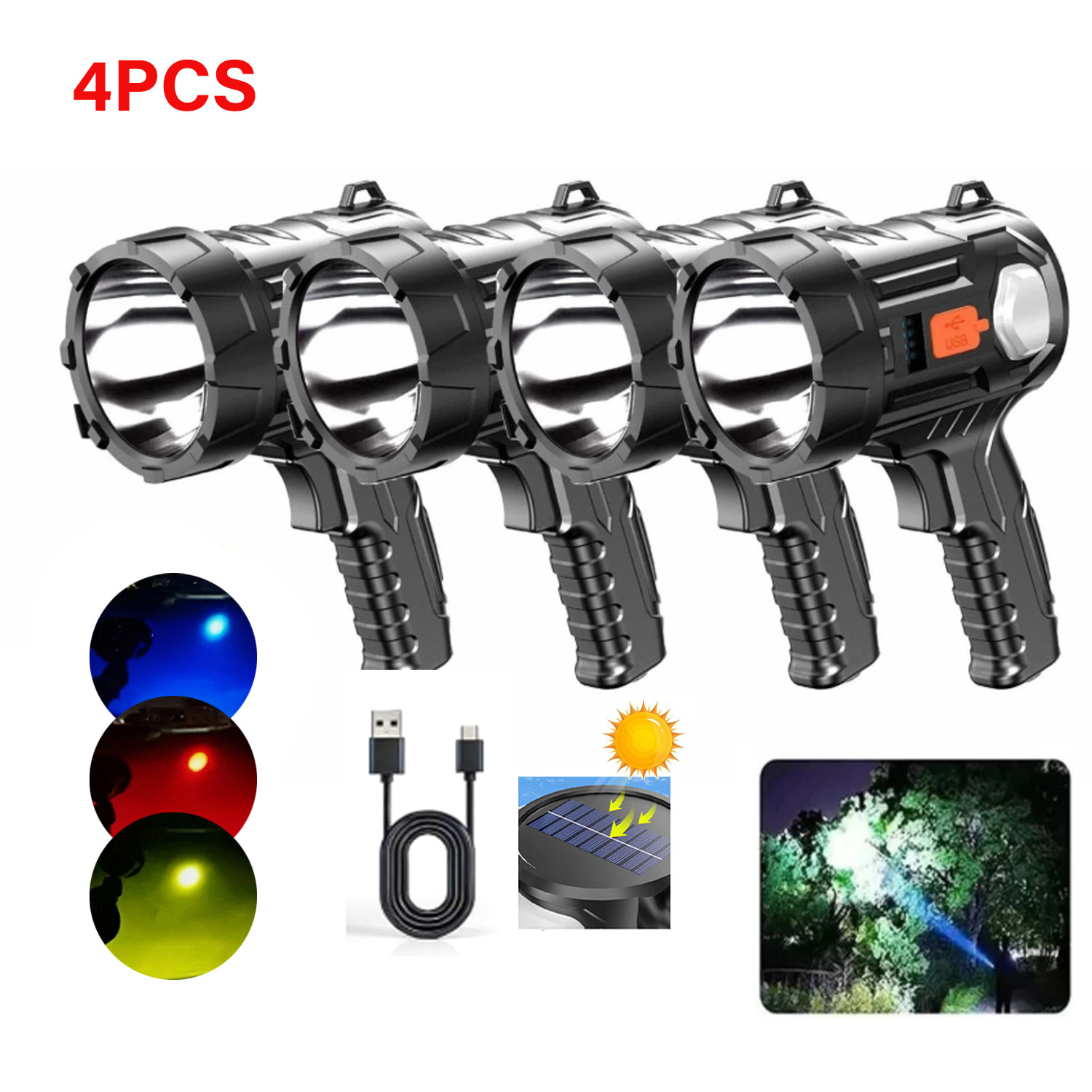 4PCS Solar/USB Super Bright Rechargeable LED Spotlight Flashlight Searchlights