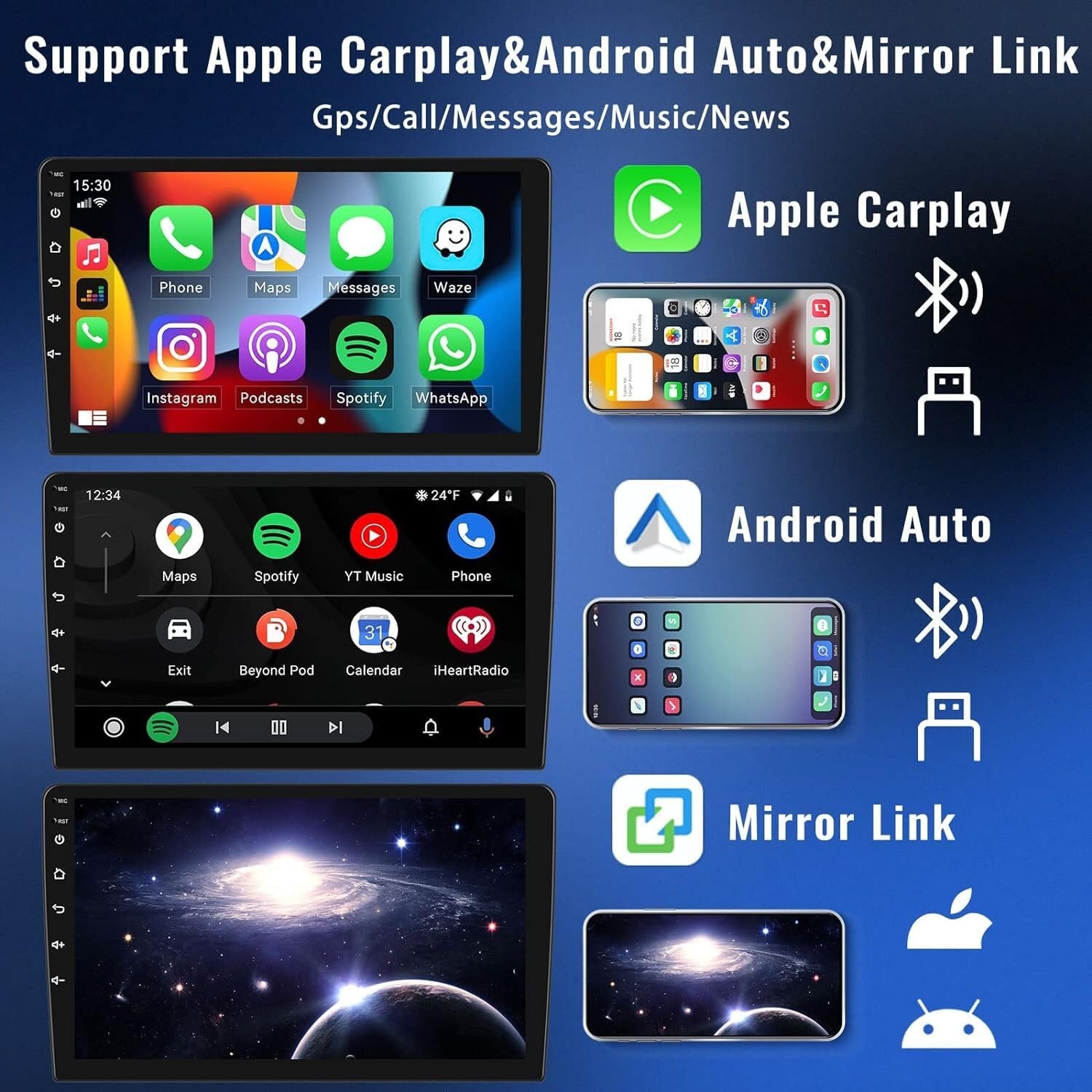 10 Inch Double Din Car Stereo Wireless Carplay Android Auto GPS Bluetooth