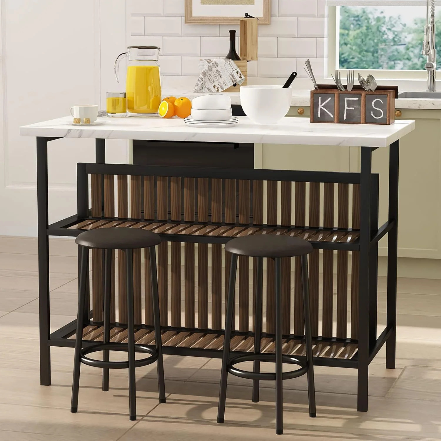 Wooden Kitchen Island Table Set for 2 with Seating & Storage - 33" Height