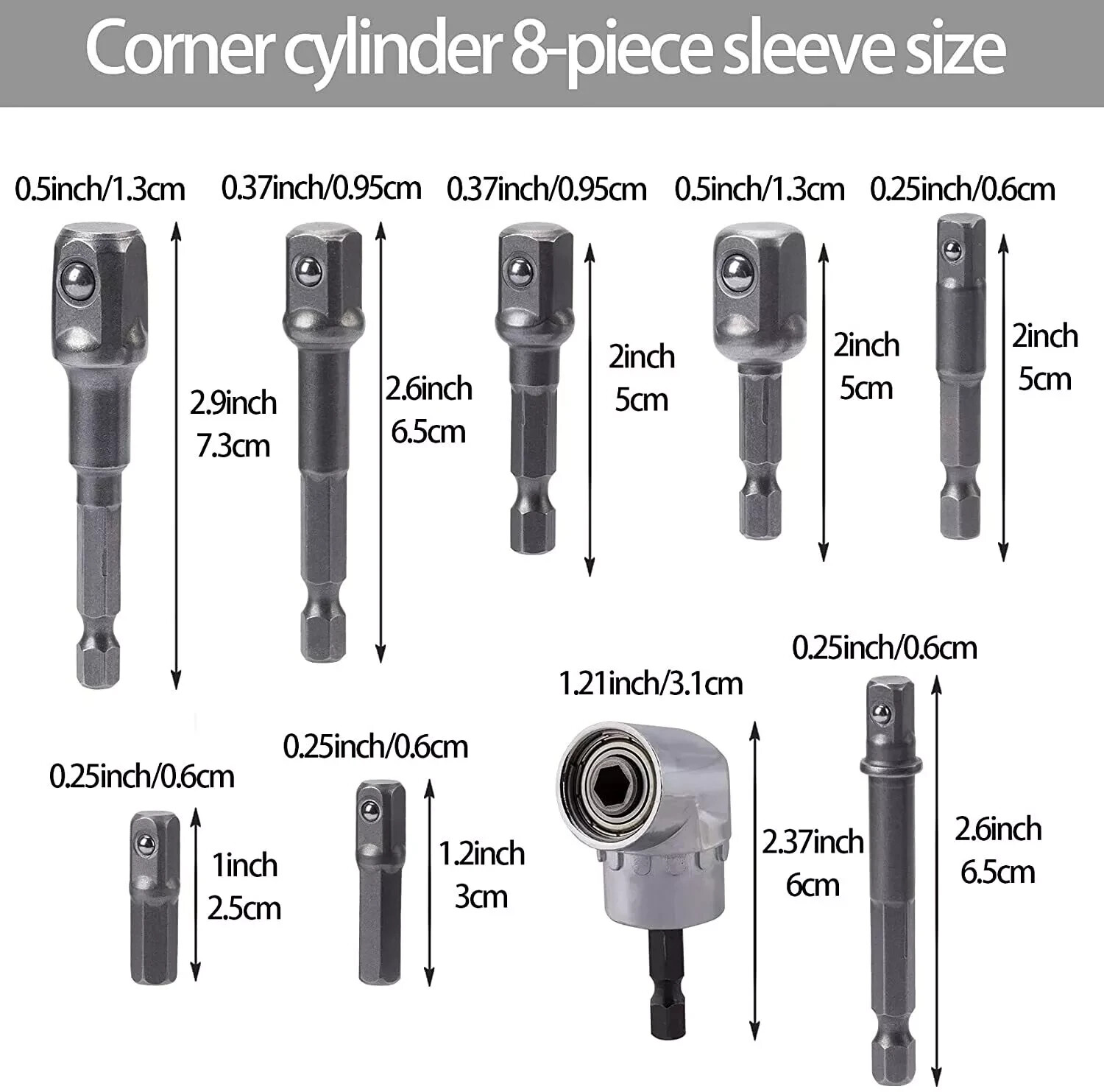 9 Pcs Socket Adapter Impact Hex Shank Drill Bits Set 1/4" 3/8" 1/2" Right Angle