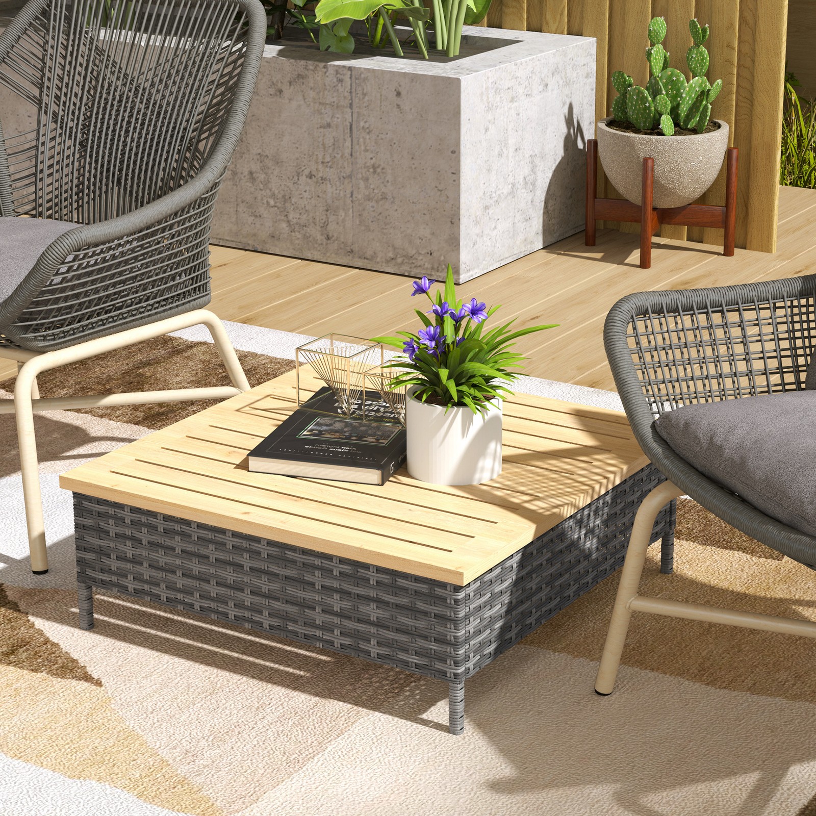 Outsunny Outdoor Side Table with PE Rattan, Patio End Table with Wood Top