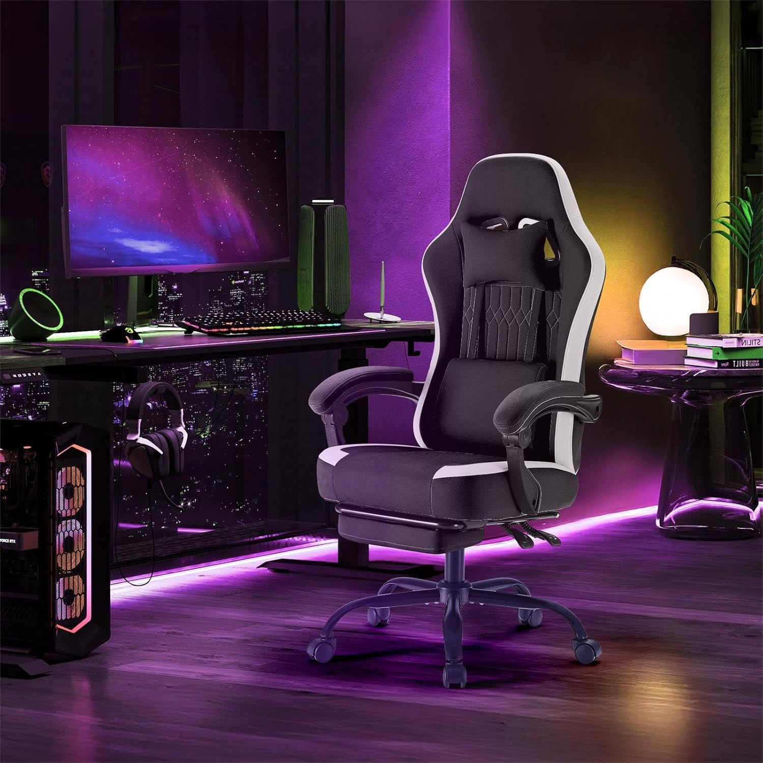 Computer Gaming Chair - Ergonomic Desk Chair with Footrest and Lumbar Support, H