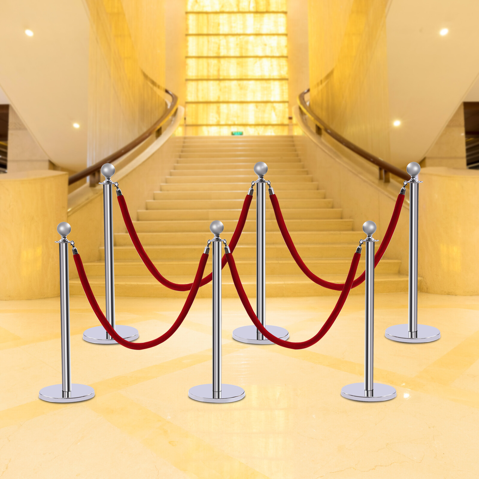 6PCS Stanchion Posts Queue Barrier Crowds Control Silver with Red Velvet Ropes