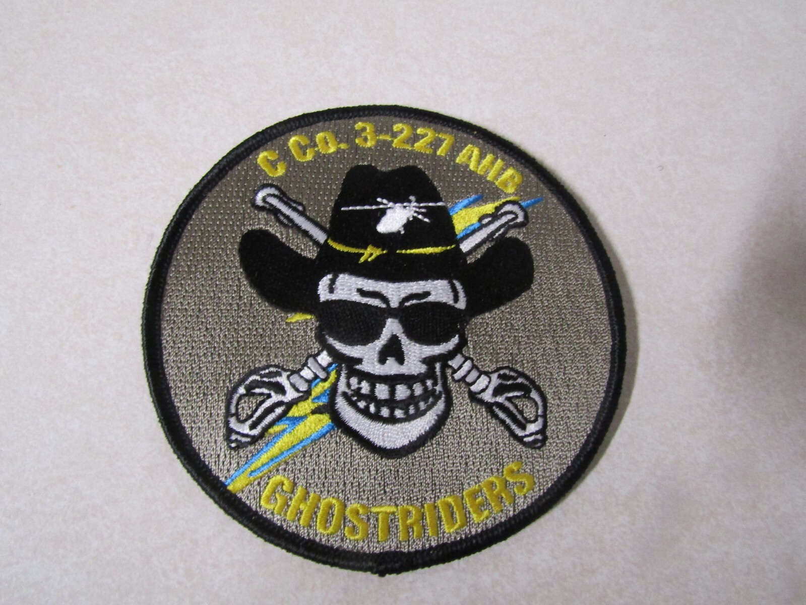 MILITARY PATCH HOOK & LOOP C CO 3-227 AHB GHOSTRIDERS YELLOW LETTERS ATTACK HELI