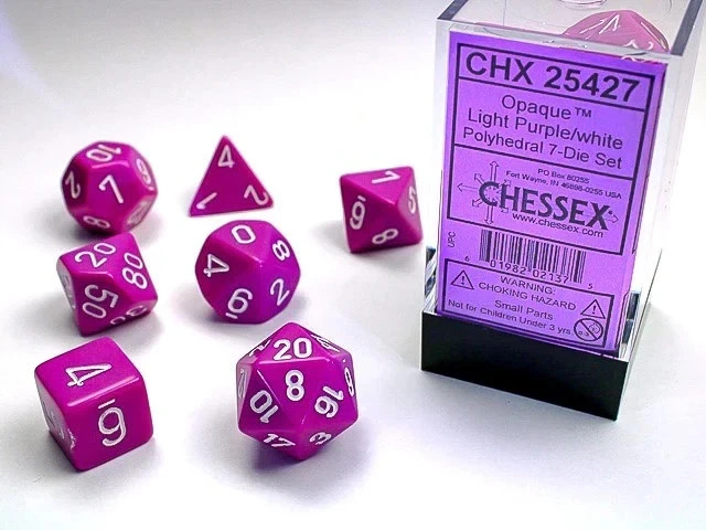 Chessex -  Opaque Light Purple/white Polyhedral  Dice 7-Dice Set  New 25427