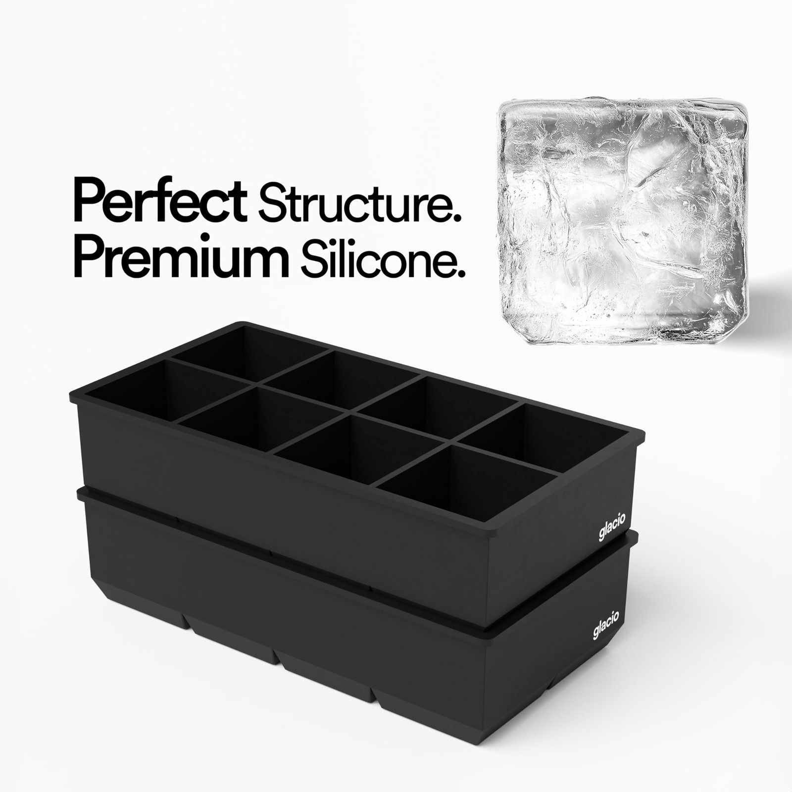 Ice Cube Molds – 2-Pack Silicone Trays for 8 Large Square Cubes Large, Black