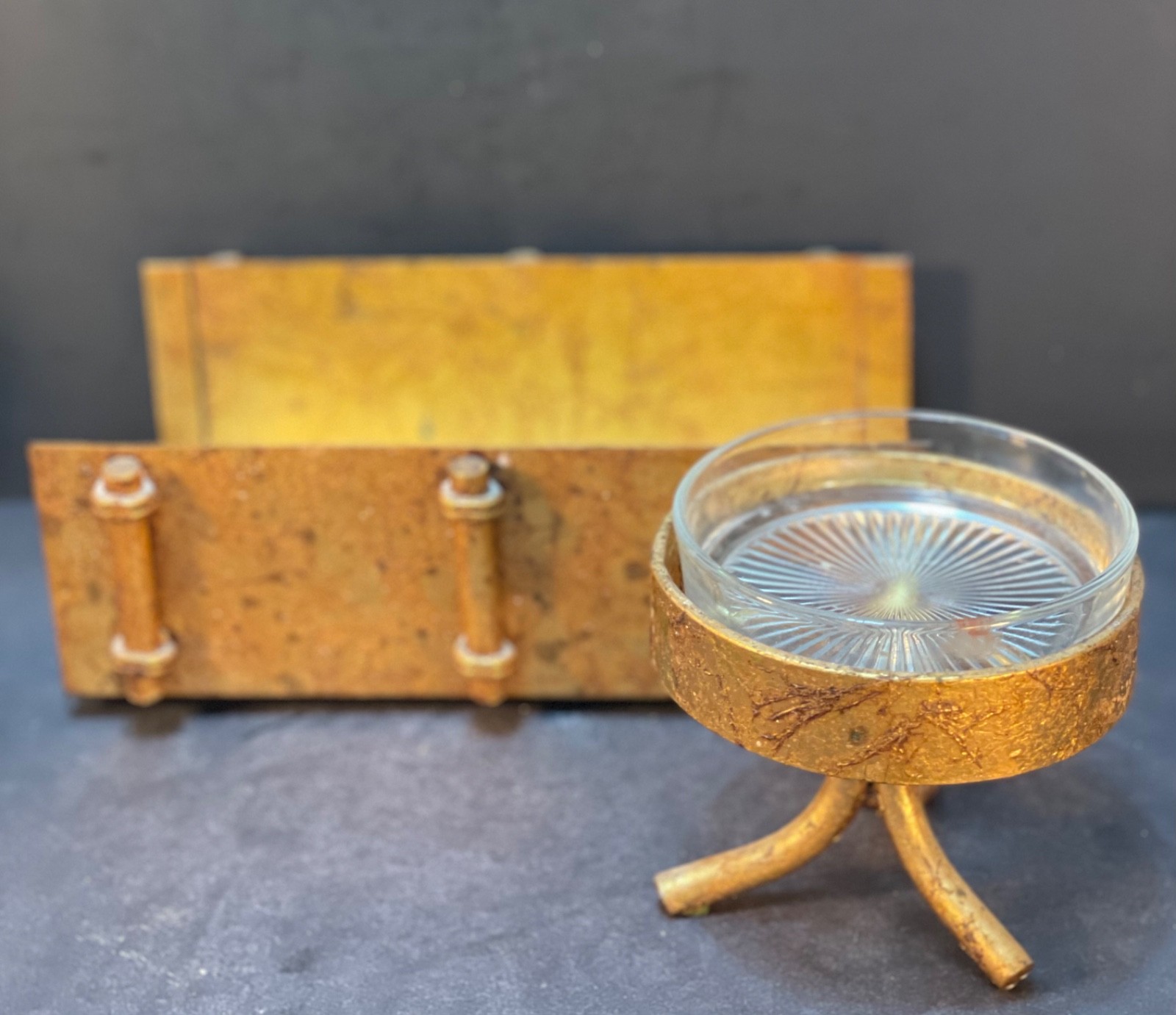 Hollywood Regency Mid Century Modern Bathroom Gold Leaf Soap Paper Towel Holder
