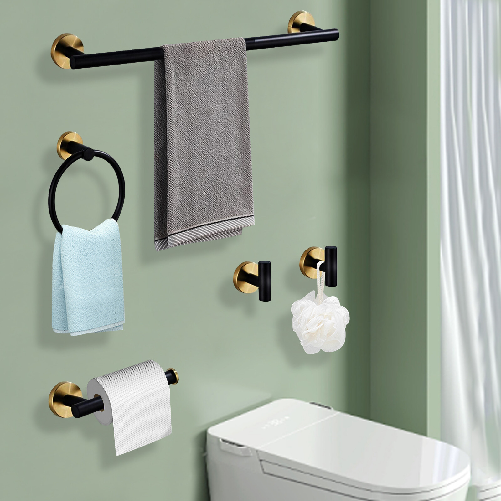 5-Piece Matte Black & Gold Stainless Steel Bathroom Hardware Set