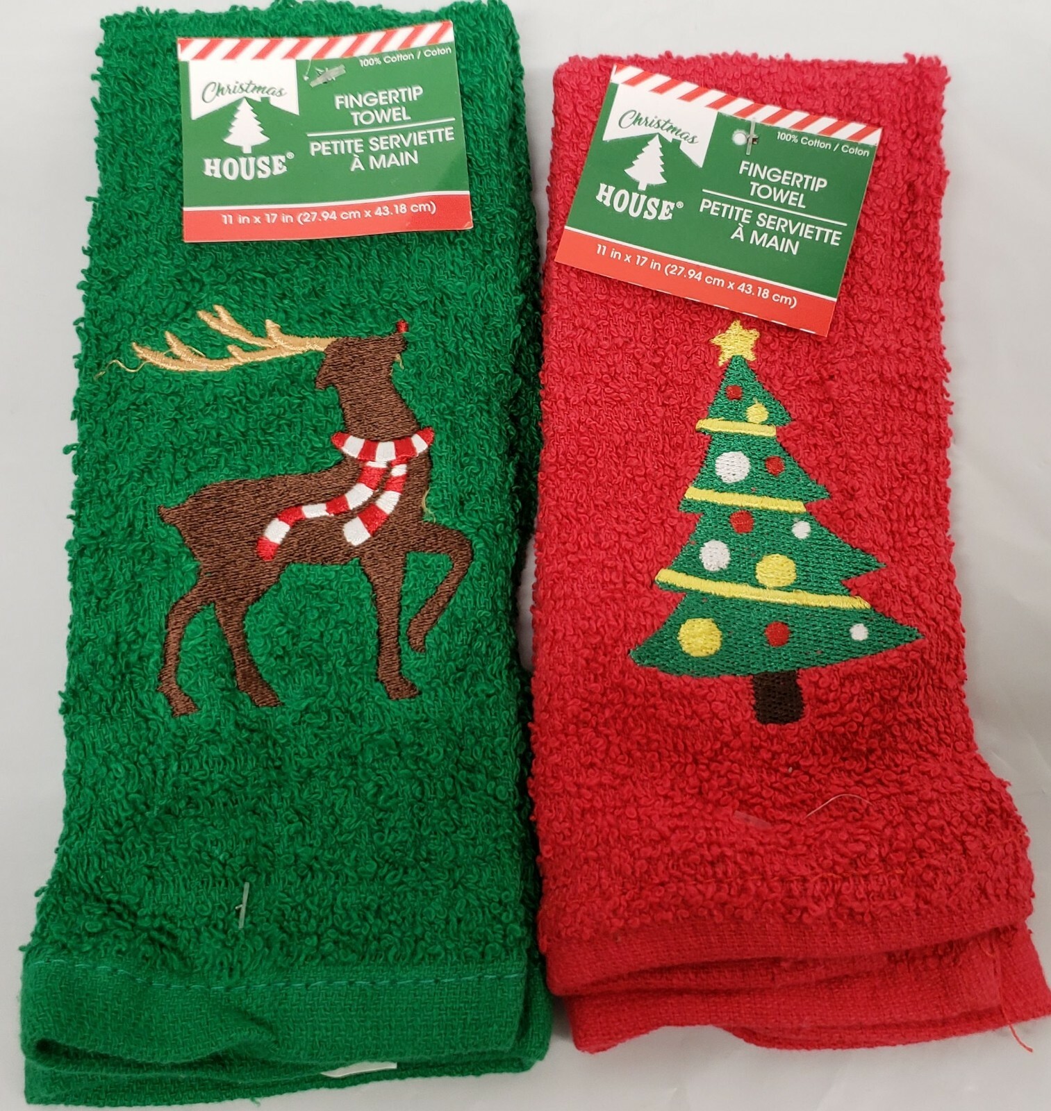 2 DIFFERENT FINGERTIP EMBROIDERED TOWELS (11"x17) CHRISTMAS TREE & REINDEER, CH