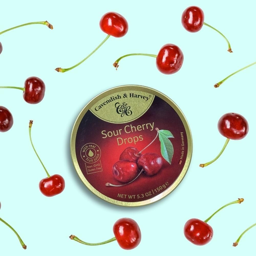 Cavendish & Harvey Sour Cherry Drops - 7oz (200g) Tin | Real Fruit Juice
