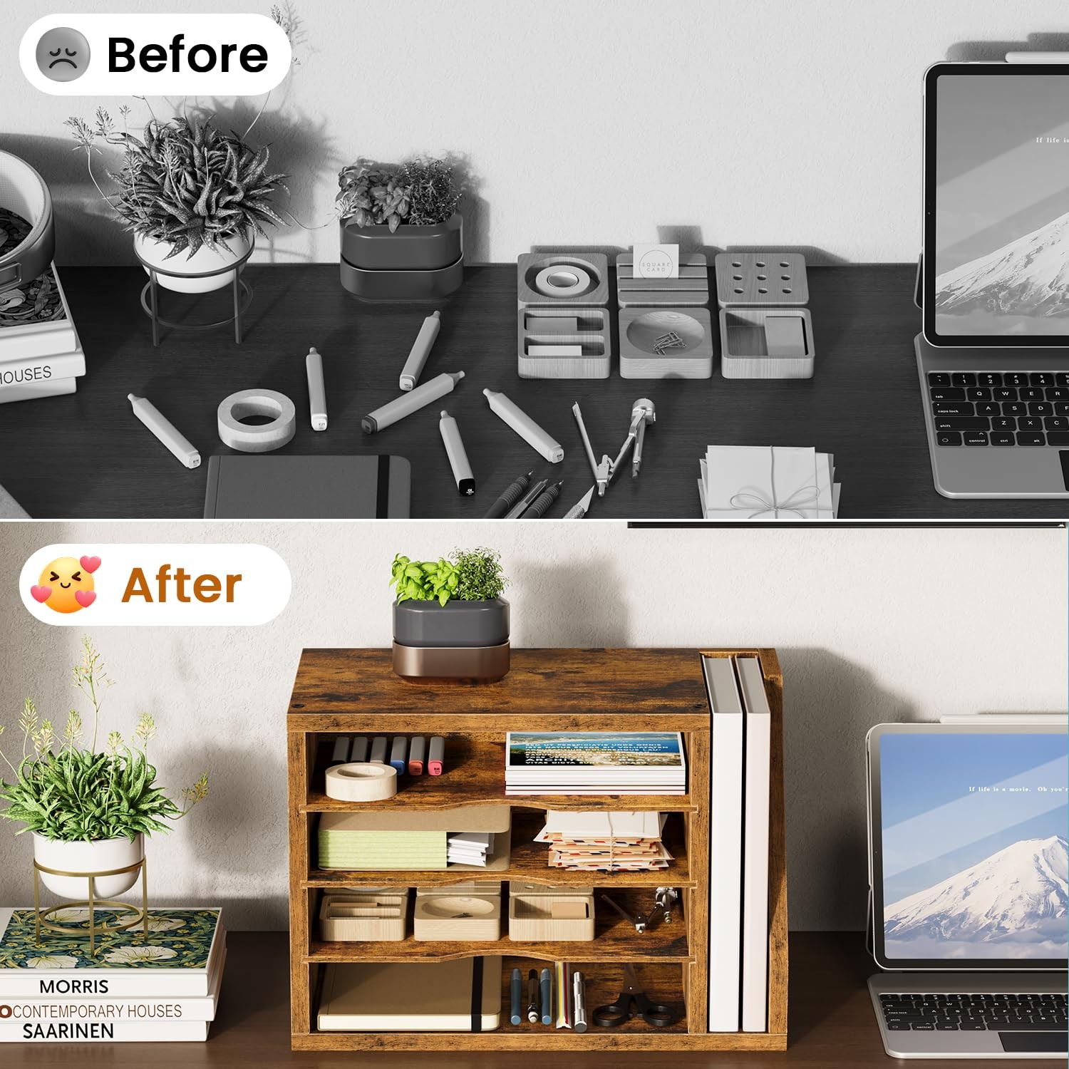 Mail Sorter, File Organizer Desktop, Wood Desk Organizer with 3 Adjustable Sh...