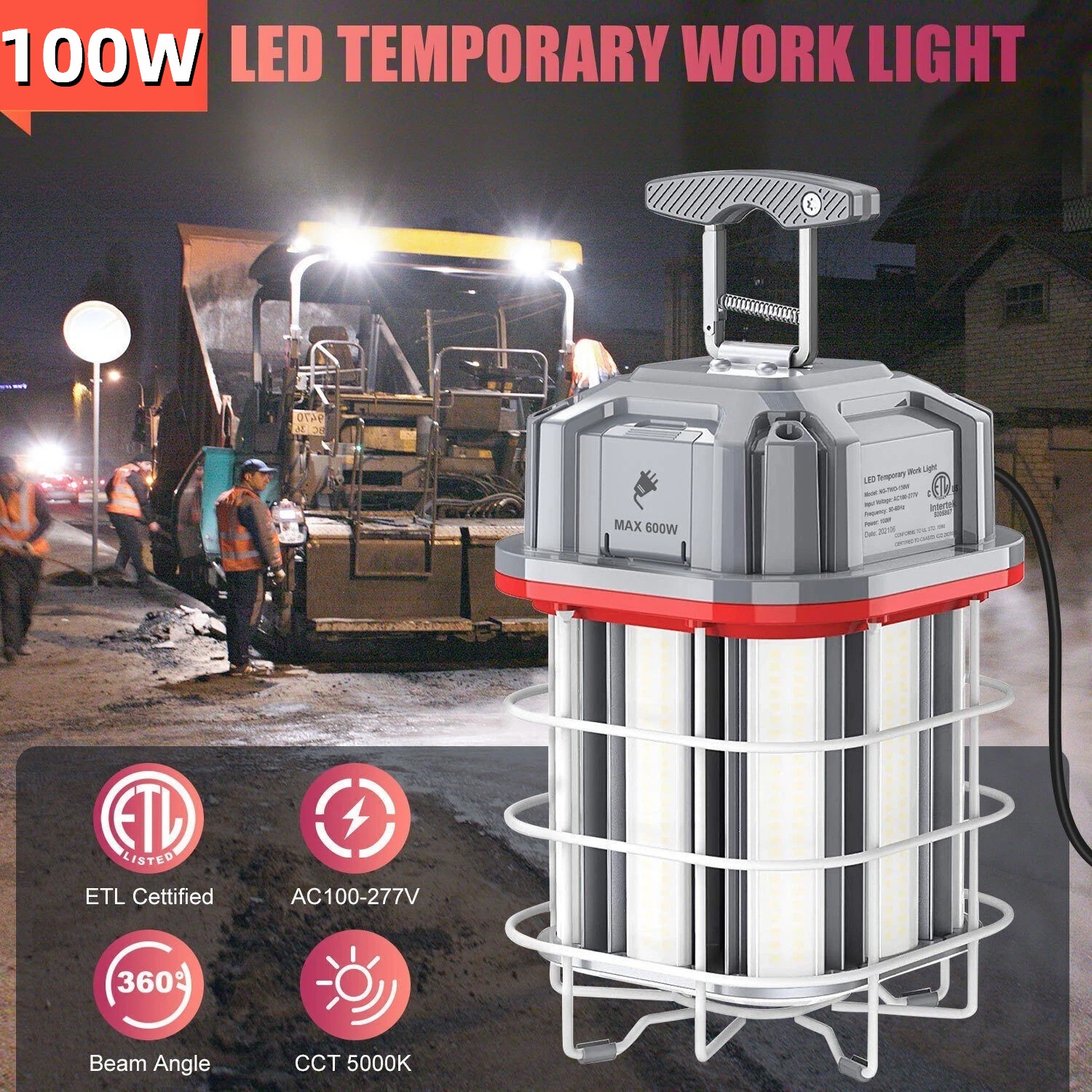 100W LED Temporary Work Light Portable Construction Jobsite Light 5000K Linkable