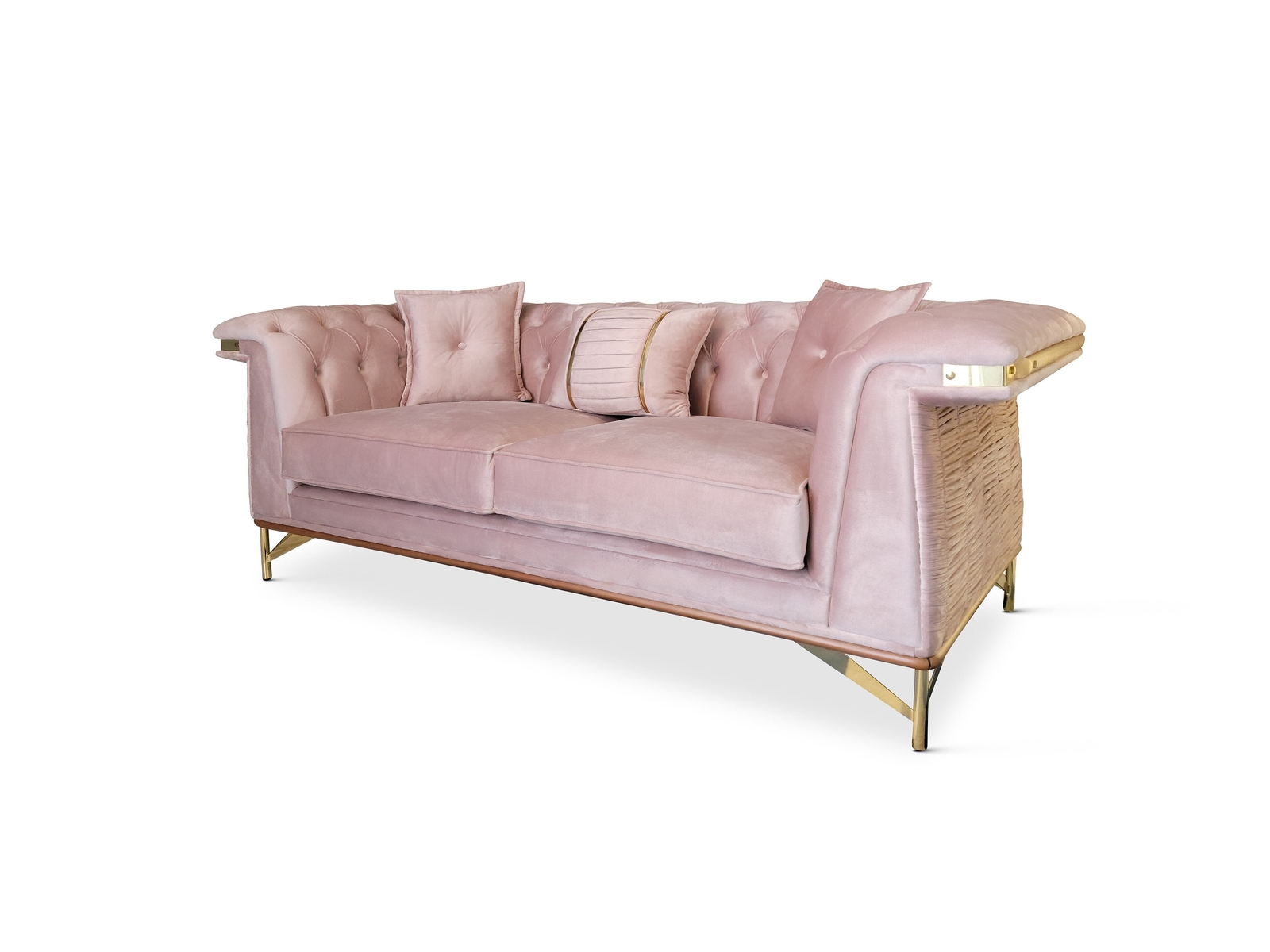 Un azalée, 87'' Rolled Arm Sofa, Light Rose Velvet, Wood Trim, Golden Metal