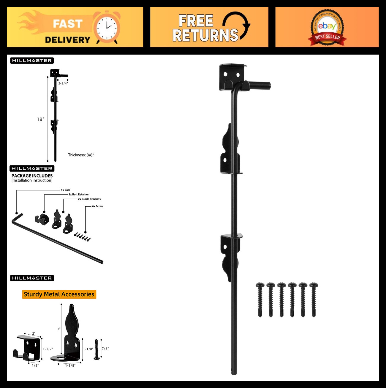 18" Heavy Duty Cane Bolt Drop Rod for Wood Fence - Steel Gate Hardware, Black Fi