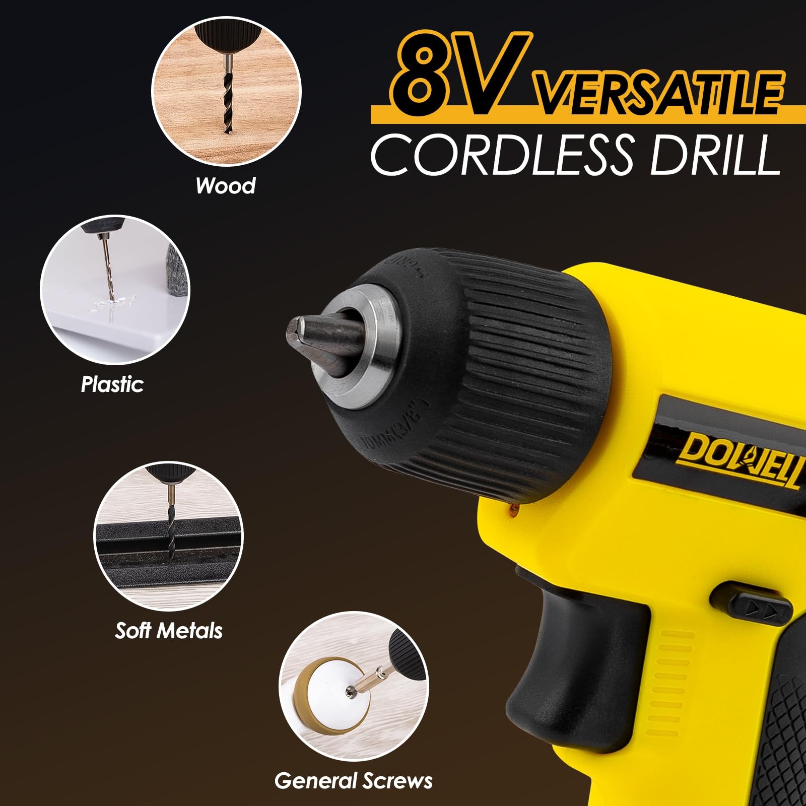 8V Cordless Drill Tool Set 58 PCS Builtin LED Variable Speed TypeC Yellow
