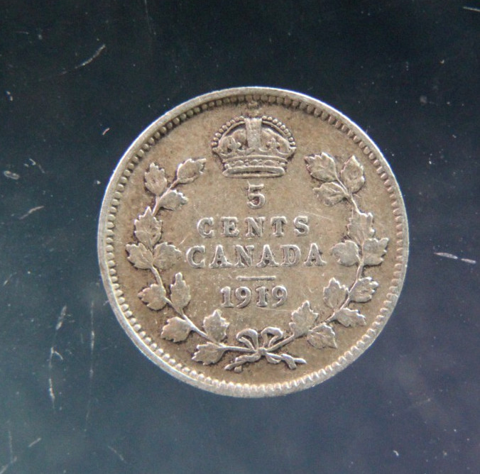 Canada, 5 cents, 1919 Silver coin(0.925),#2