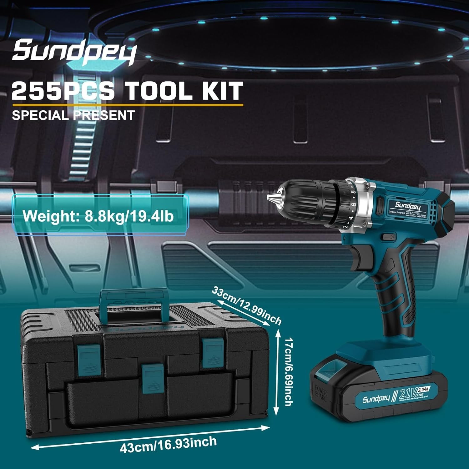 Tool Kit with 21V Cordless Drill - 255-PCs Portable Complete General Basic Ho...