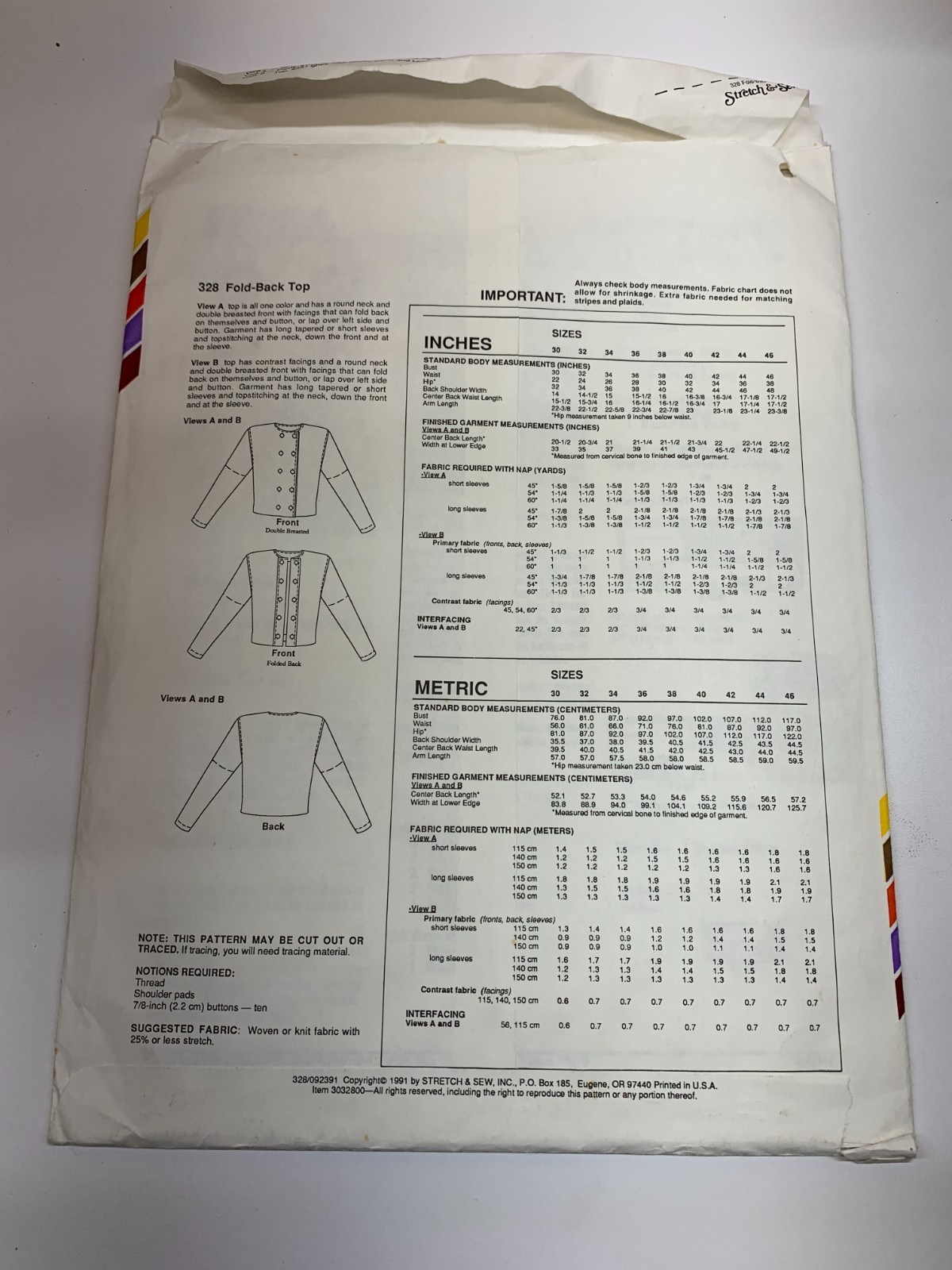 Sewing Pattern: Stretch & Sew 328 Fold-back top Long Sleeves Short Sleeves