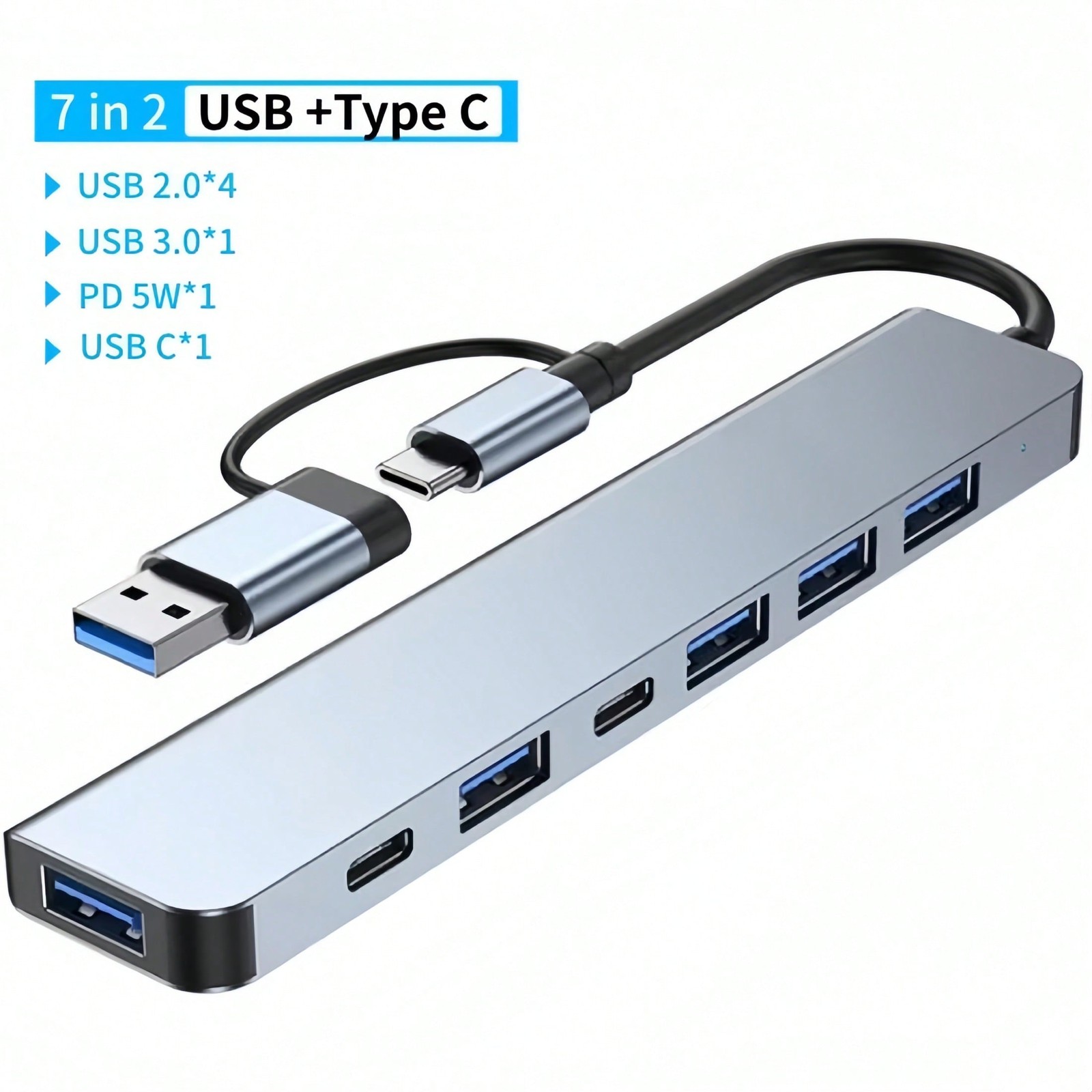 Seven-in-One USB Hub With 4x USB 2.0, 1x USB 3.0, 1x PD 5W, 1x USB C
