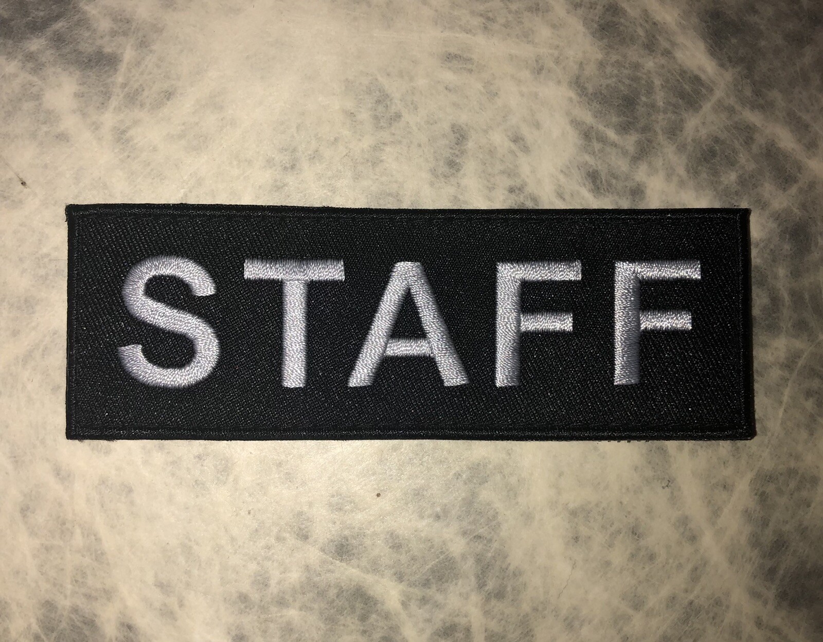 STAFF Embroidered Patch gray on black 1.5”x4.5” hook back