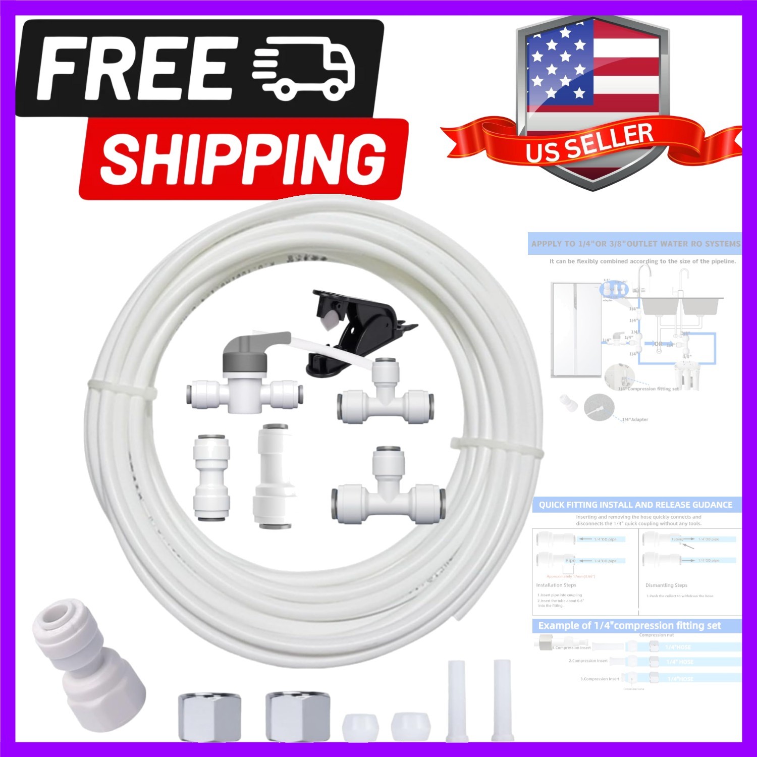Refrigerator Water Line Kit Connection and 1/4 Compression Ice Maker Installa...