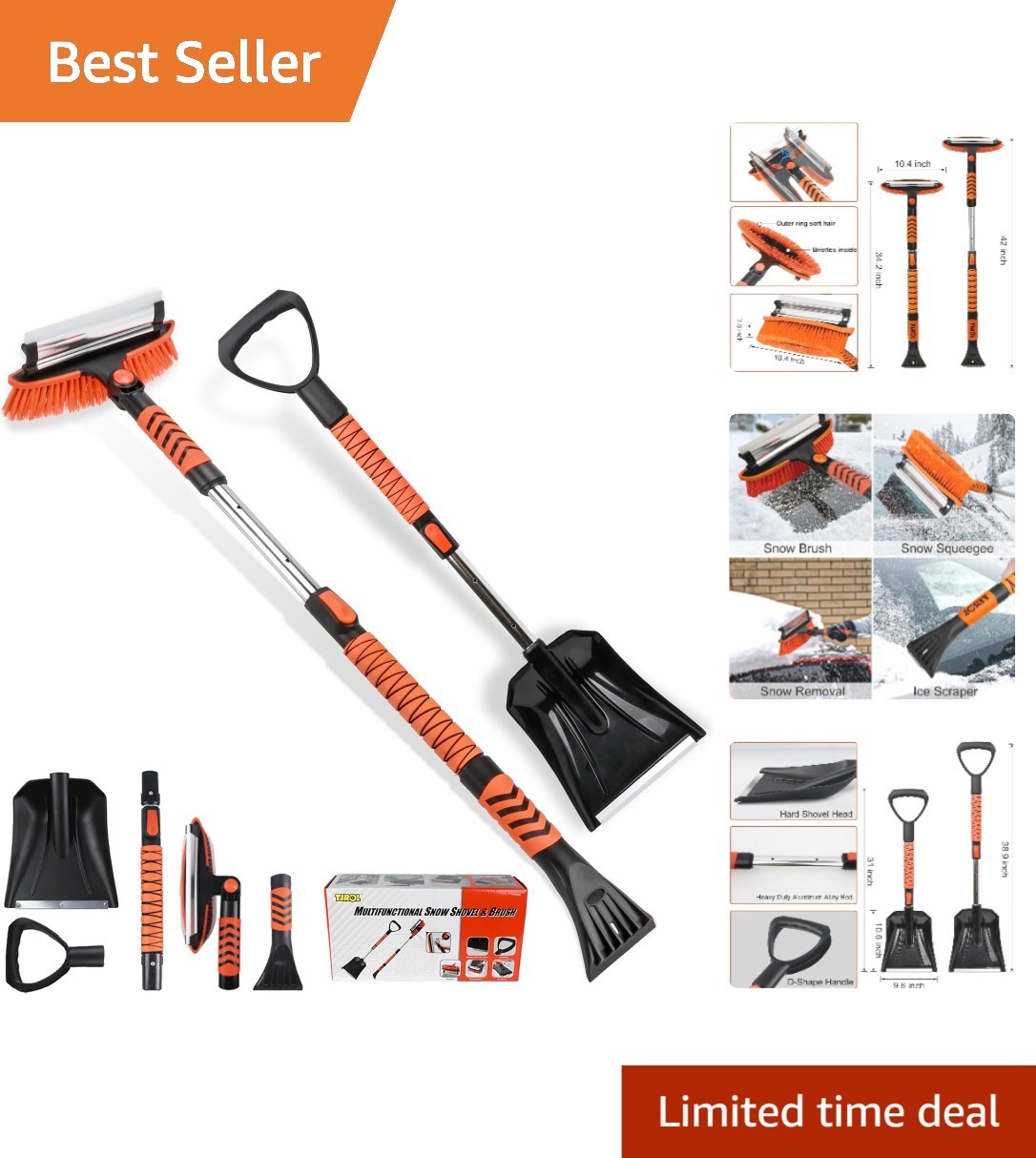 Sturdy 42'' Snow Shovel & Ice Scraper Set - Essential Winter Tool for Vehicles