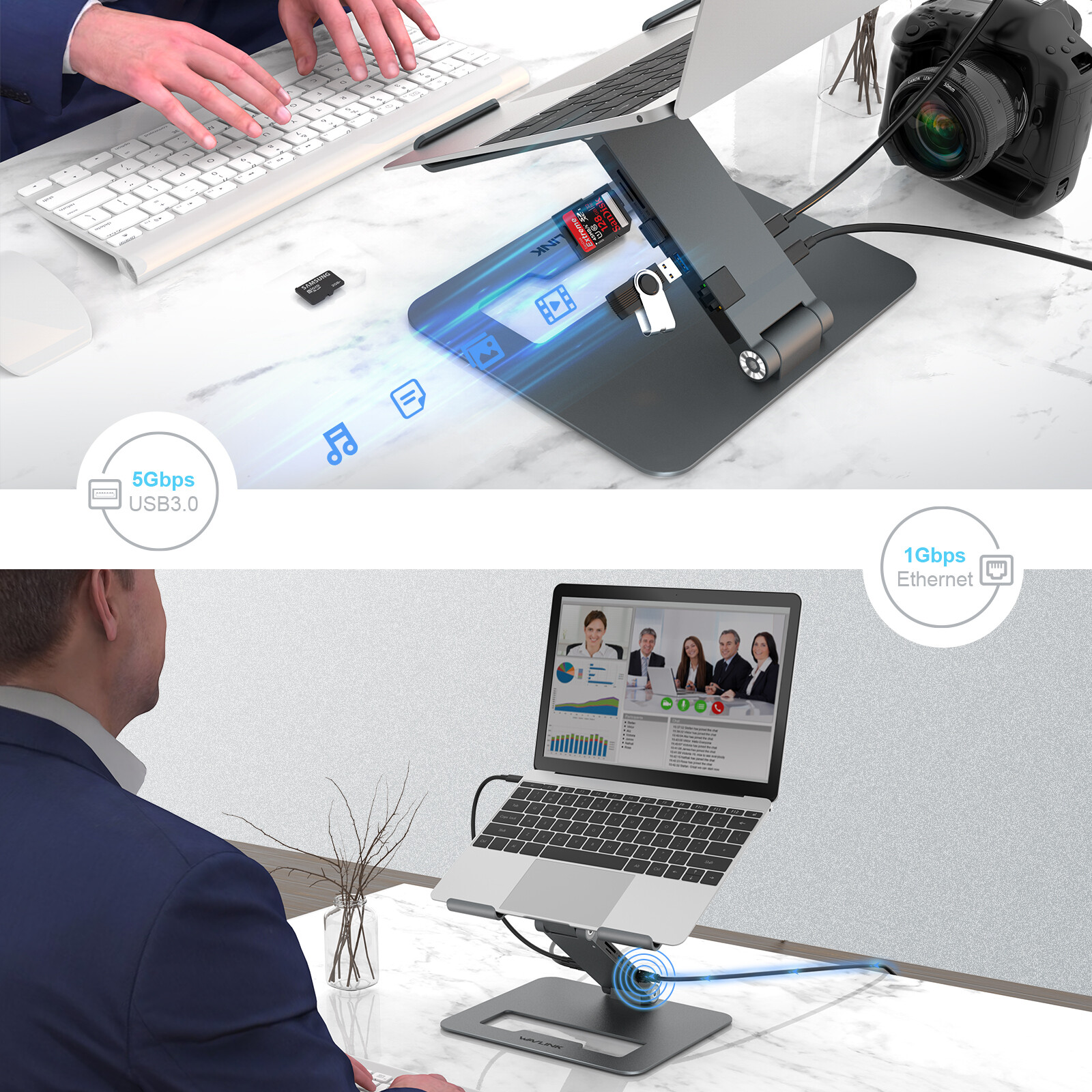 9-in-1 USB C Dock Laptop Stand Computer Riser Dual HDMI RJ45 for 10-17" Notebook