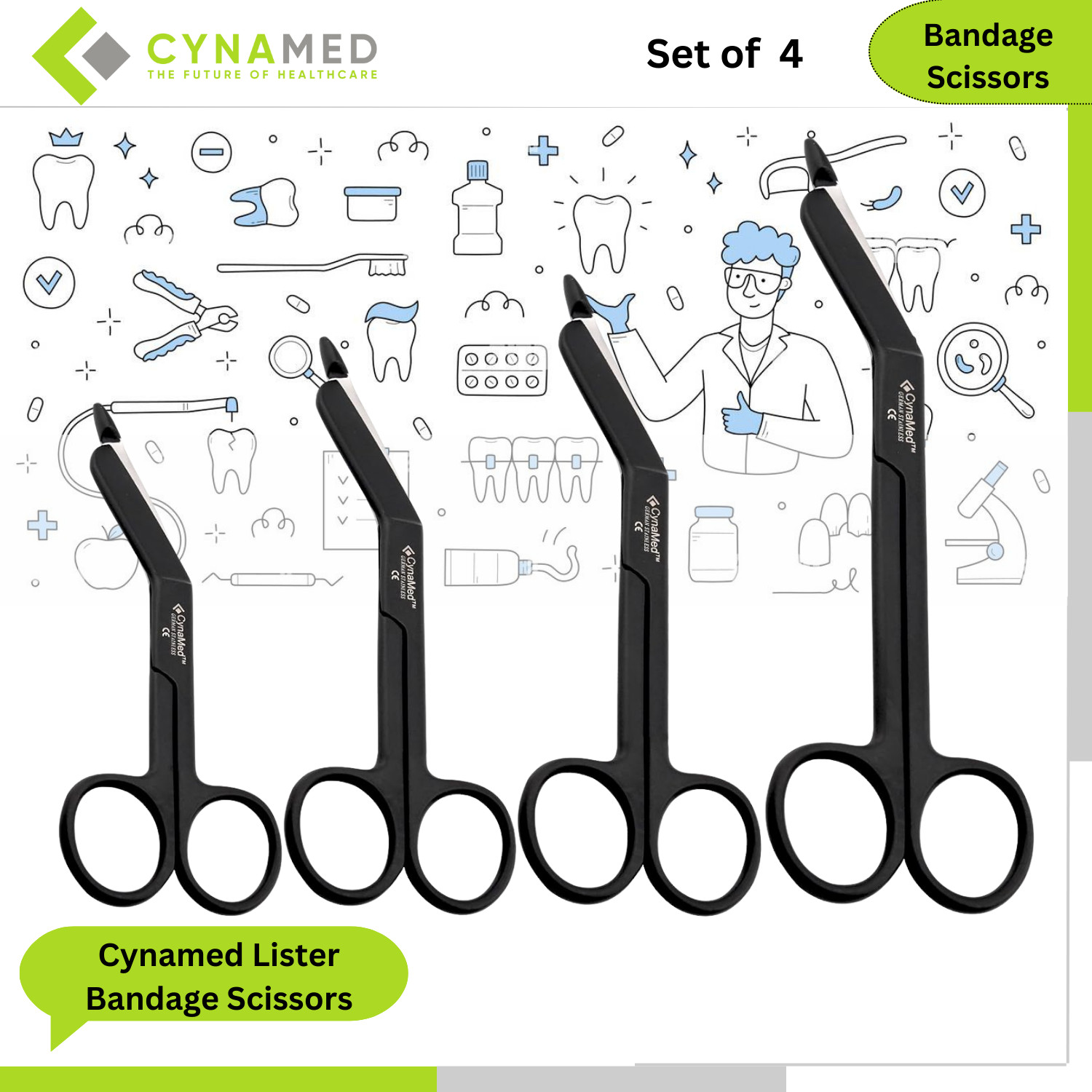 Cynamed Lister Bandage Scissors Tactical Black Coating Perfect for EMT Set of 4