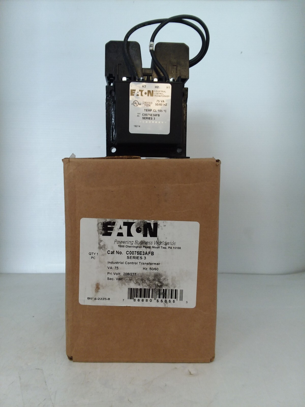 EATON C0075E3AFB TRANSFORMER 75VA 208/277VAC PRI 120VAC SEC W/ FUSE BLOCK NIB