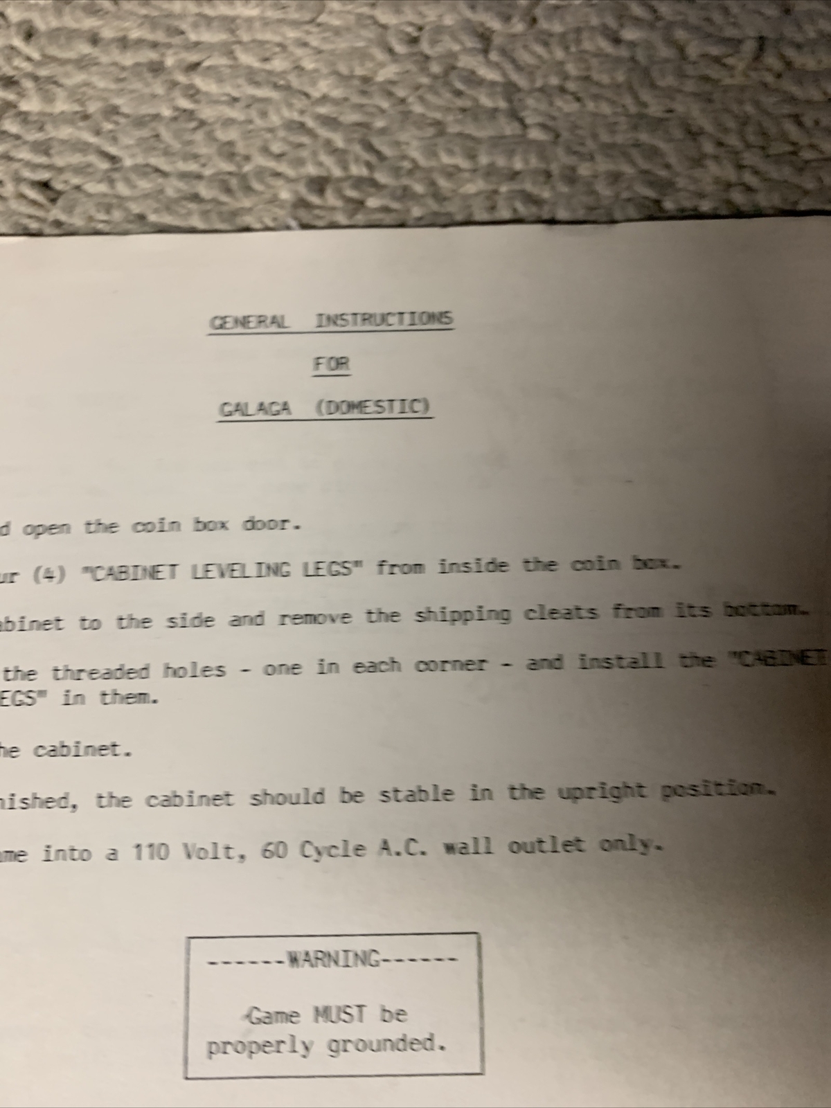 original General instructions Galaga arcade video game owners manual