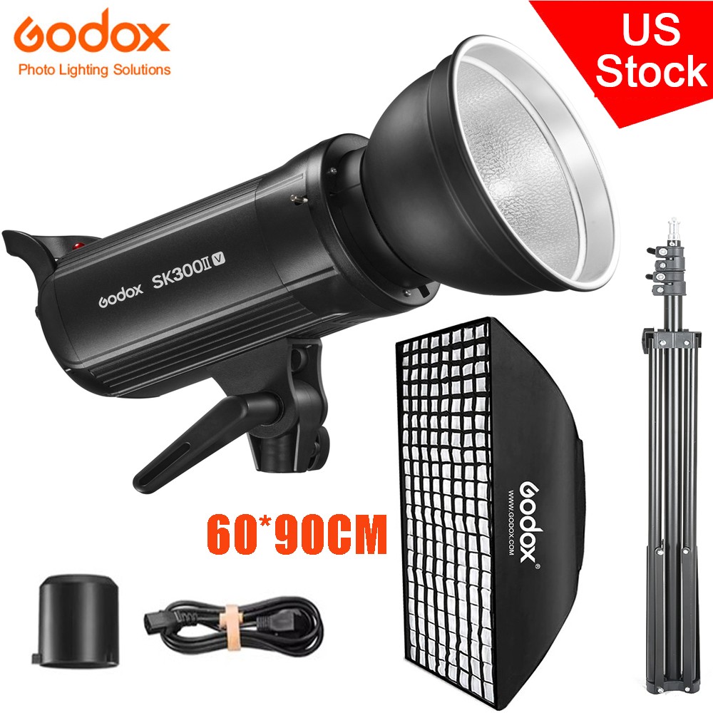 Godox SK300II-V Studio Strobe Flash with Reflector+60*90cm Grid Softbox+2M Stand