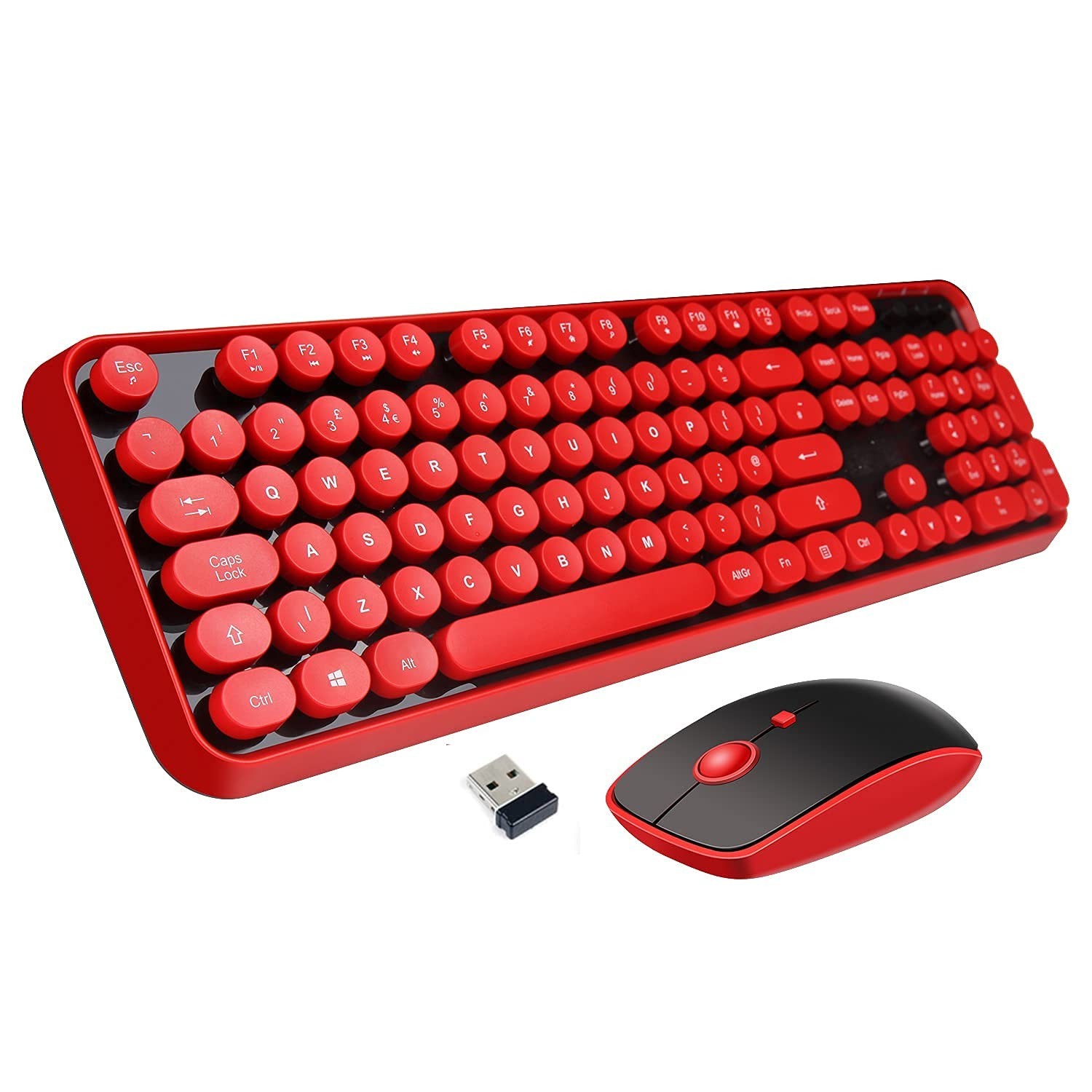 Red Wireless Keyboard and Mouse Combo, Retro Typewriter Style Round Key Keybo...