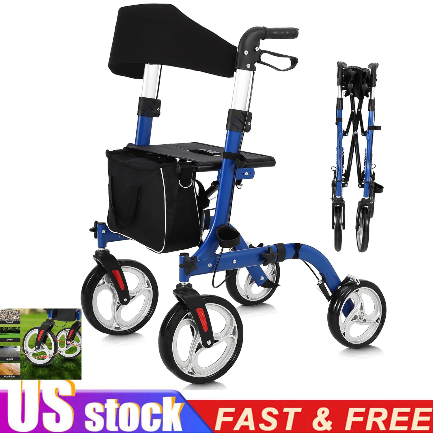 Rollator Walker with Seat 2 in 1 Transport Wheelchair for Seniors 300 pounds New