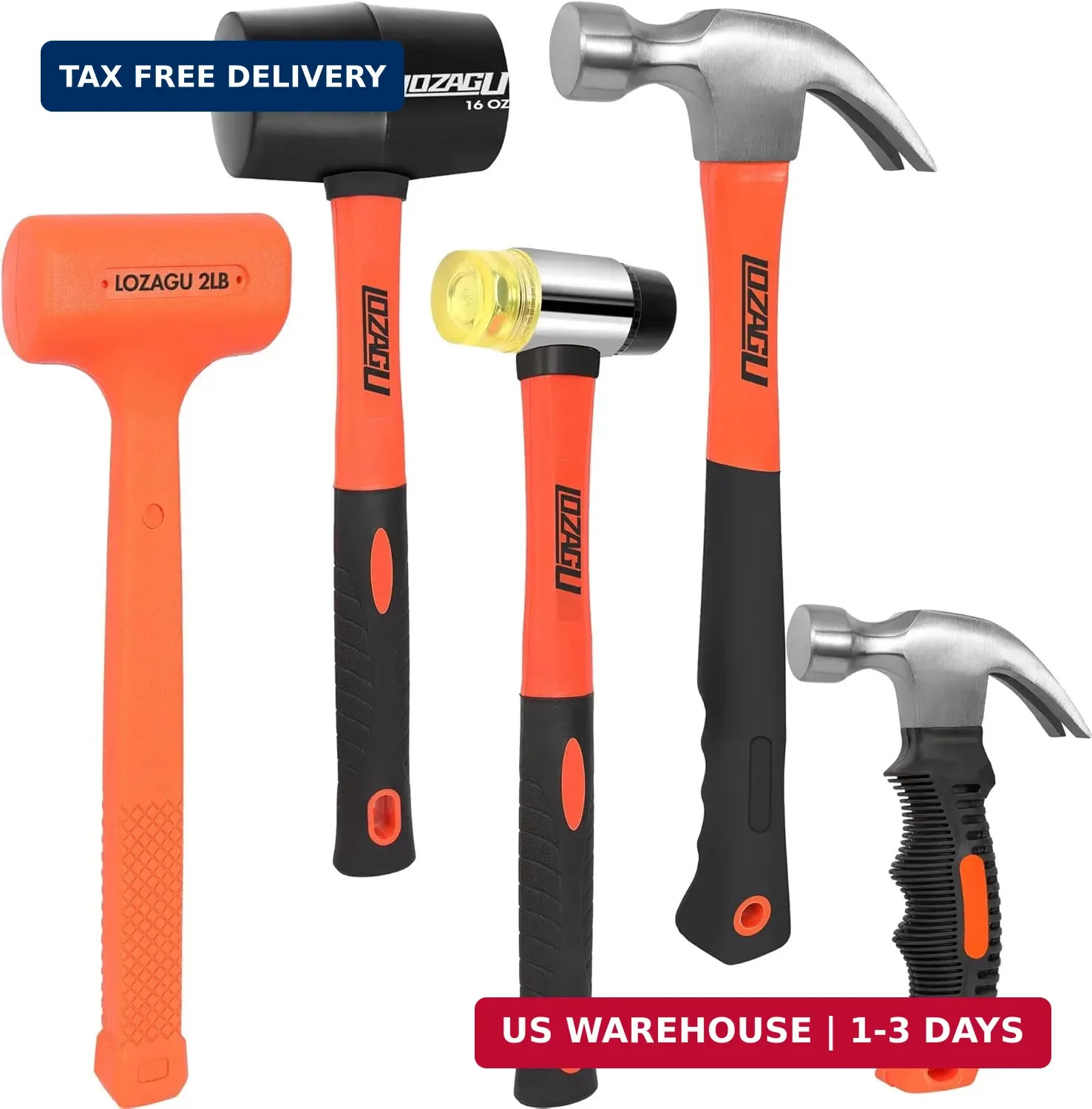 5-Piece Hammer Set, 2LB Dead Blow Hammer | 16oz Claw Hammer | 16oz Rubber Mallet