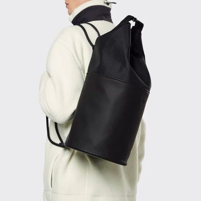 RAINS Spin Rolltop Bucket Sling Bag Black Drawstring Backpack Waterproof Large