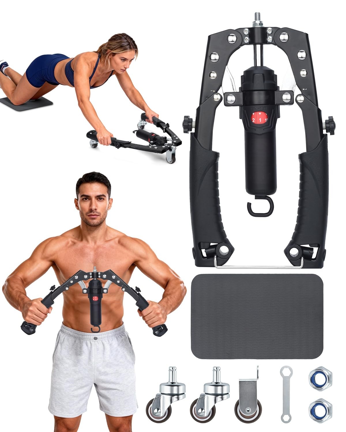 Abahub 2-in-1 Arm Trainer with AB Roller Wheels, Enhanced With Black
