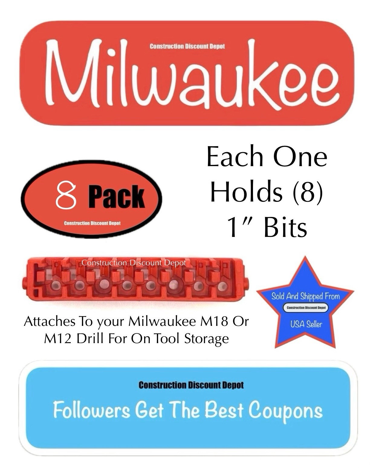 8 Pack Milwaukee On Tool Accessory & Case Row Holder 1" Hex Drill Bits Bit Rails