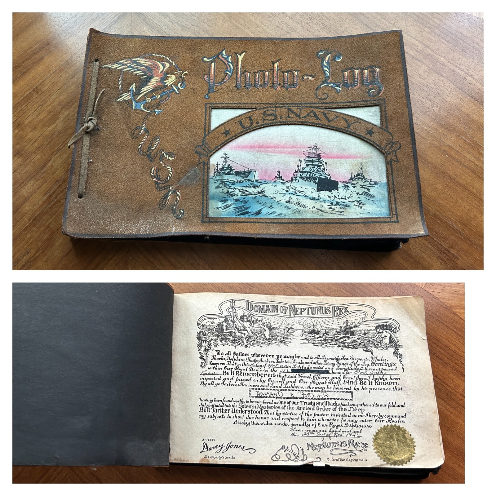 US Navy Suede Photo Album (Empty) & Domain of Neptunus Rex Certificate 1942