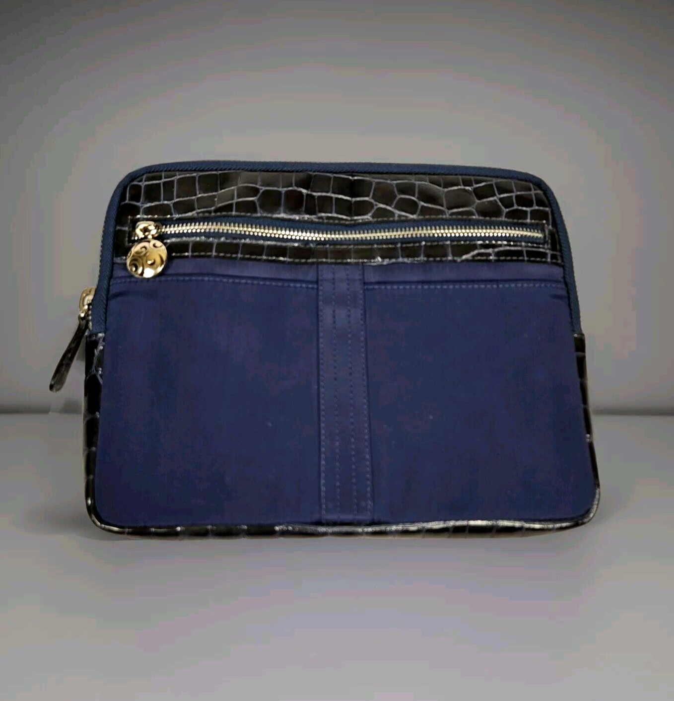 Brighton Cosmetic Travel Case Nylon Leather Clutch Pouch Bag Navy Silver Luxury