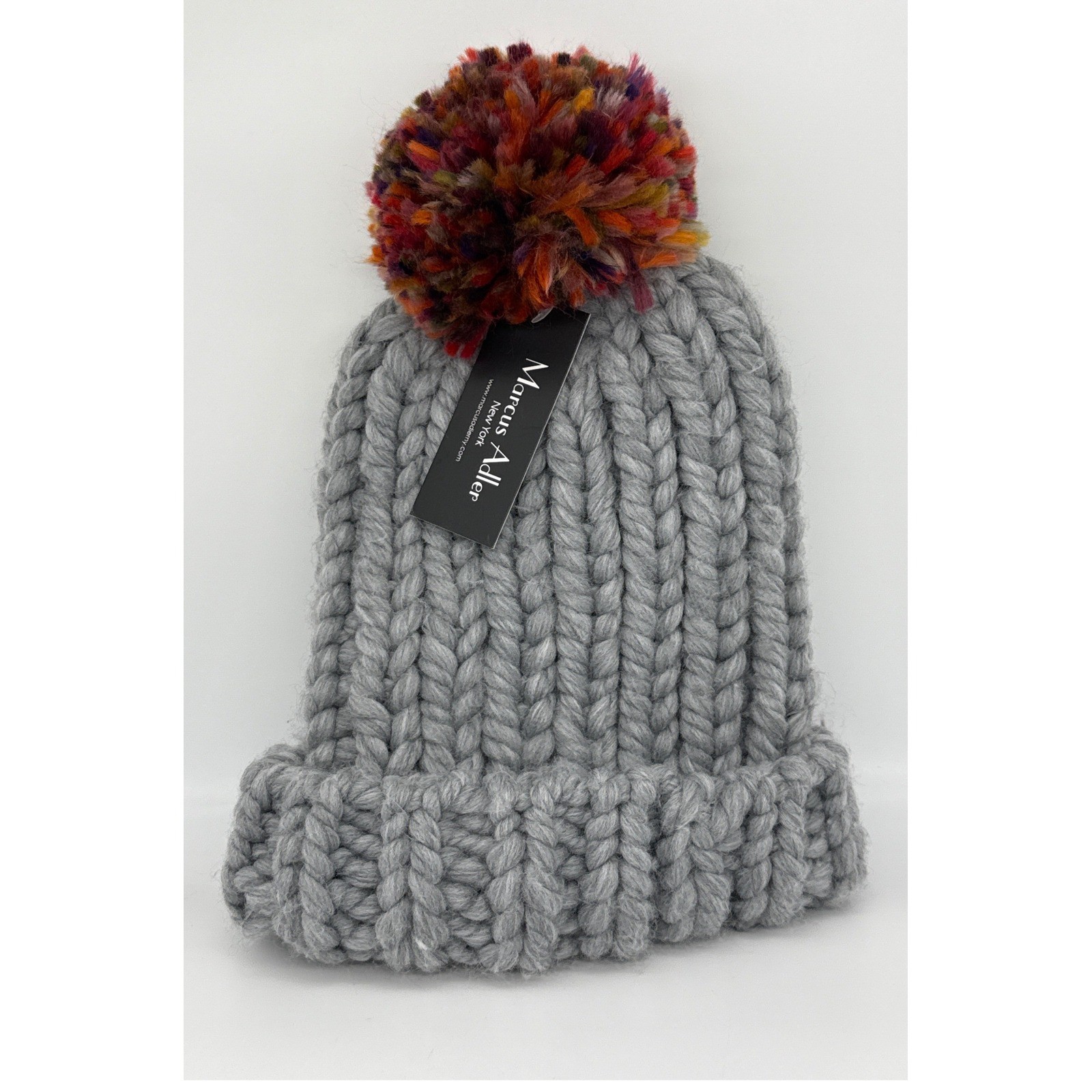 Marcus Adler New York Gray Chunky Knit Beanie Hat Multi-Color Pom Pom NWT