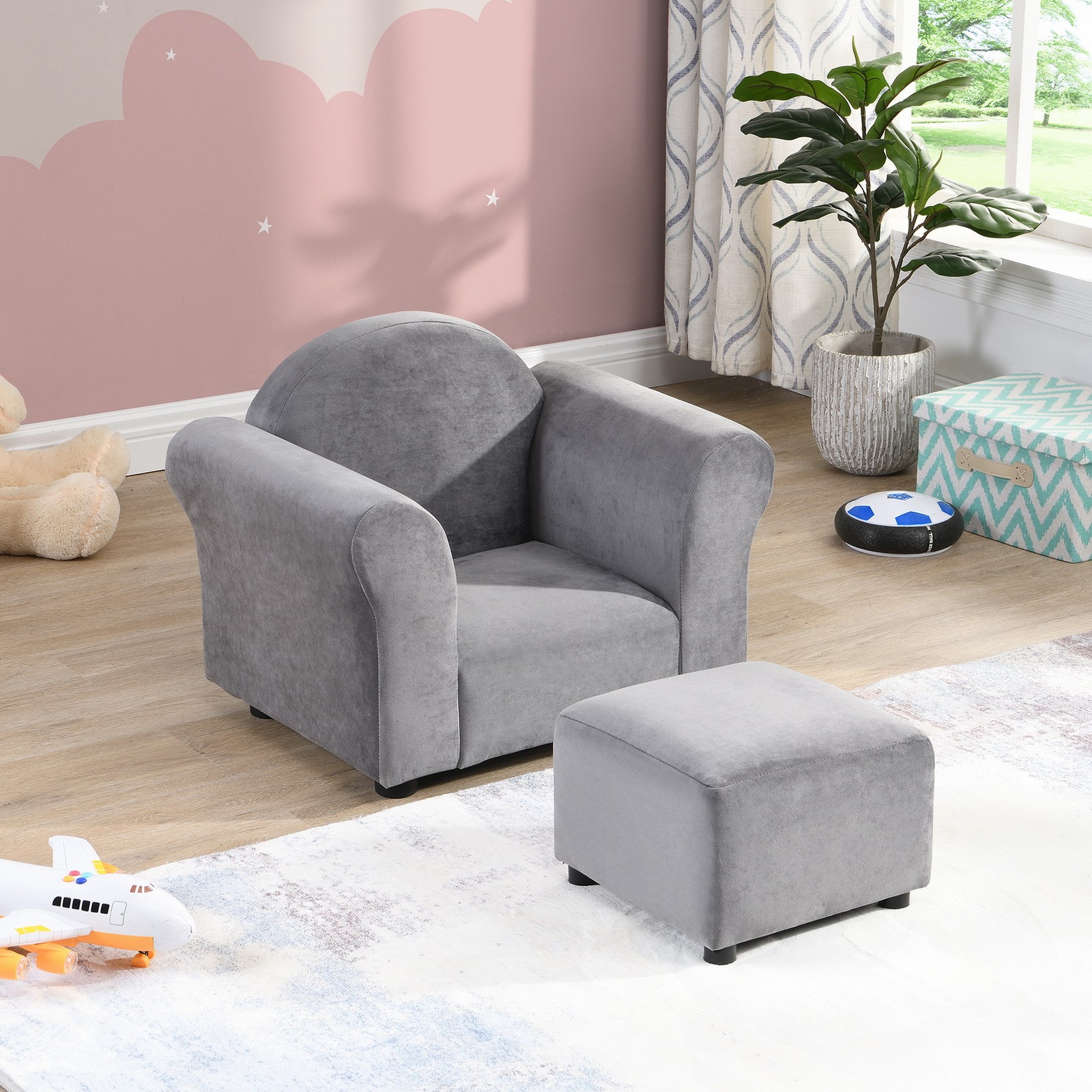 Boy Girl Toddler Kids Sofa with Ottoman Velvet Upholstered Lounge Sofa Armchair