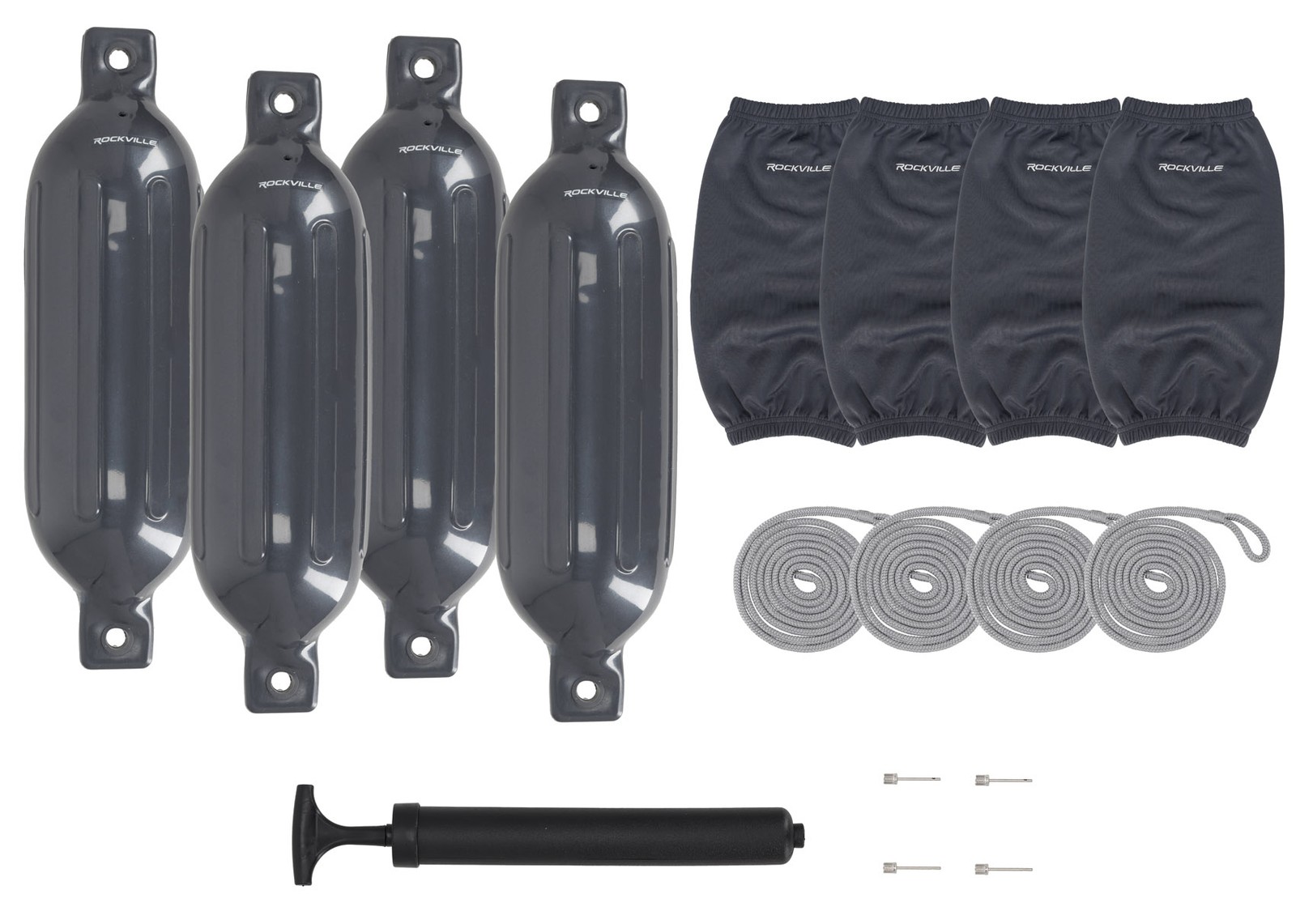Rockville FEN465-GREY Boat Fender Package 4 Bumpers 6.5"x23", 4 Covers, 4 Lines