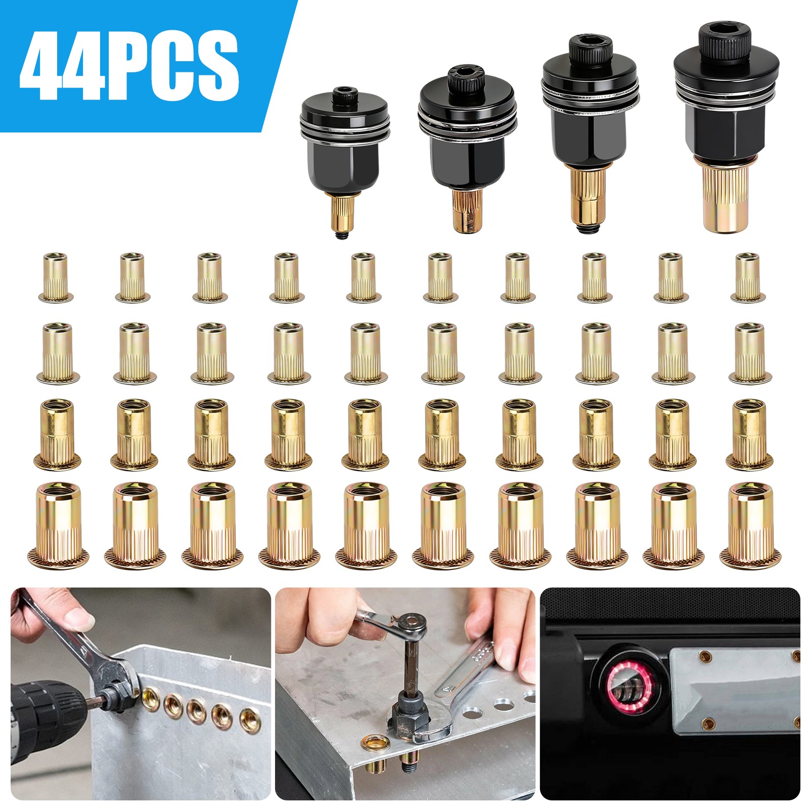 44PCS Manual Rivet Nut Tool Kit M3-M6 Carbon Steel Nutsert Adapter Set for Drill
