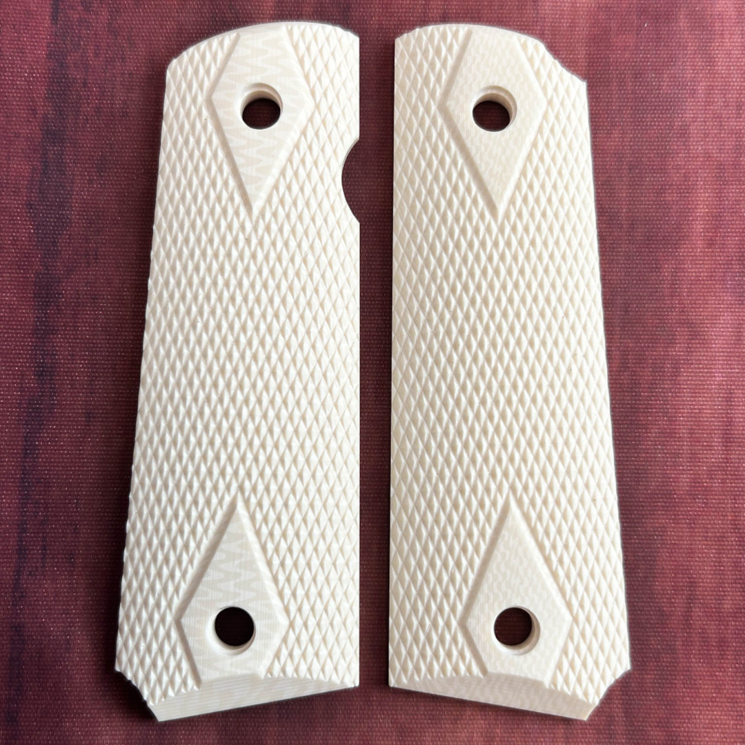 GRIPS 1911 FAUX IVORY Double Diamond Checkered FULL SIZE fits GOVT KIMBER COLT