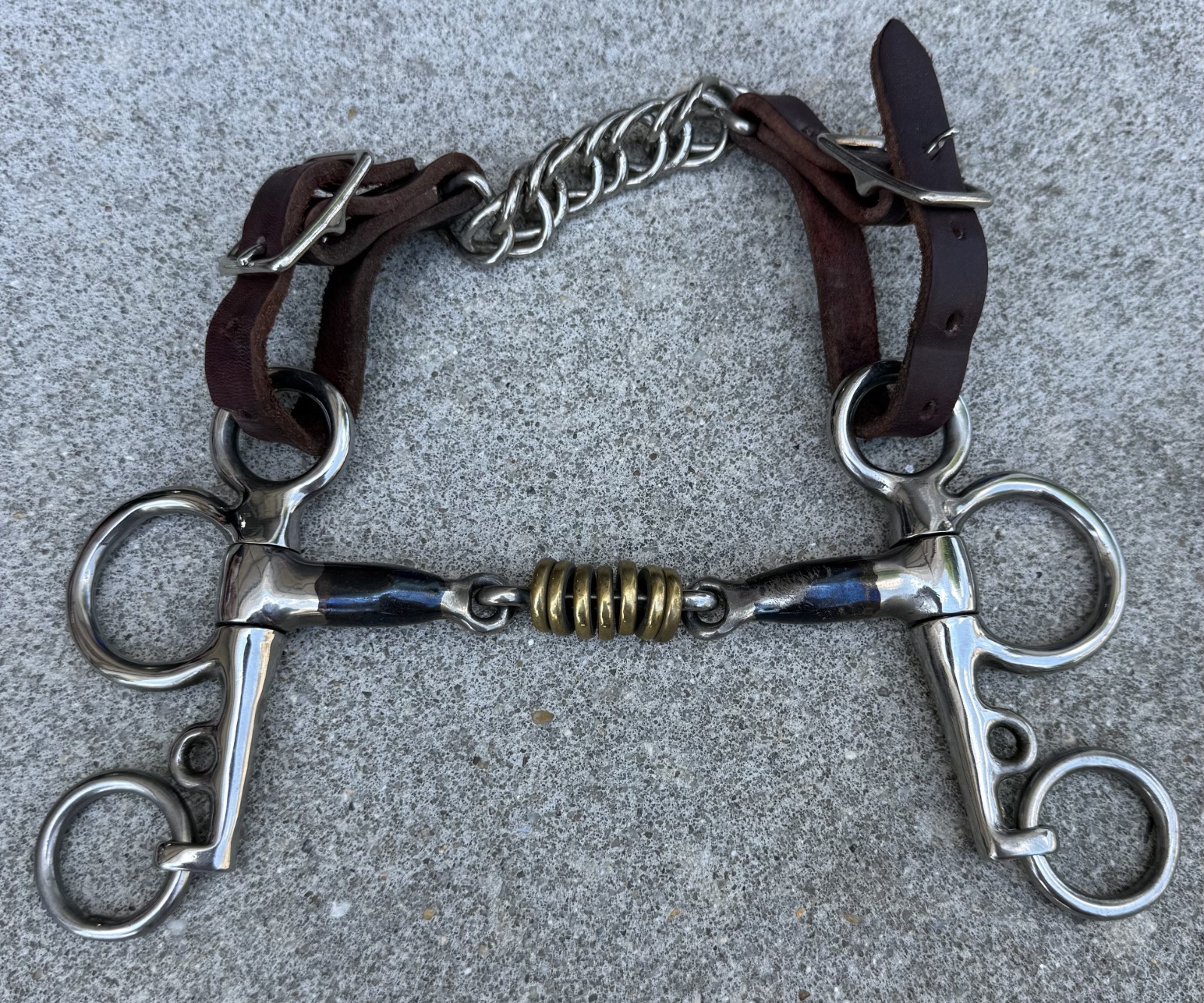 5 1/2" Trust Sweet Iron Baby Pelham with Brass Rings & leather curb chain